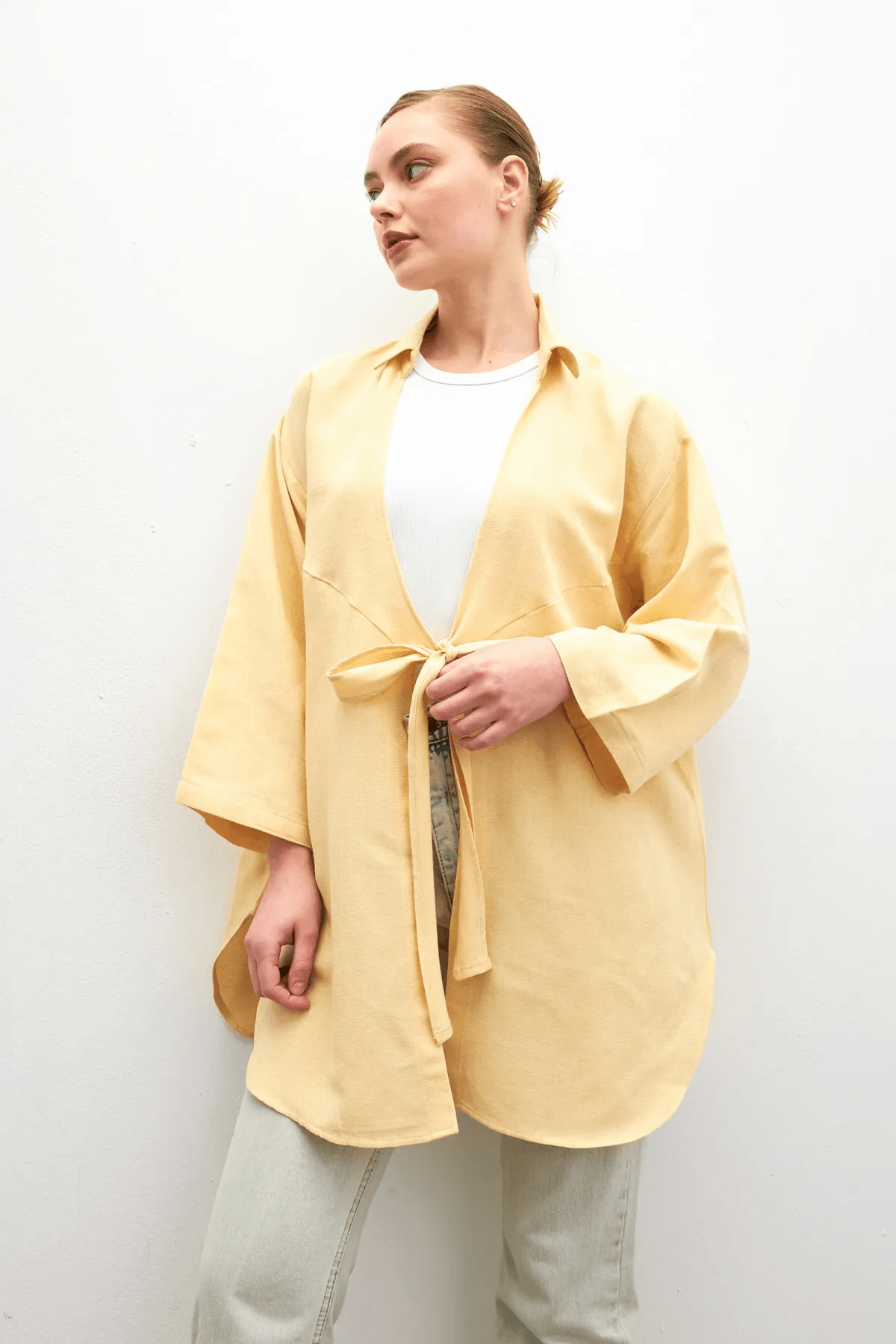 Pastel Sarı Bağlama Detaylı Flam Keten Kimono