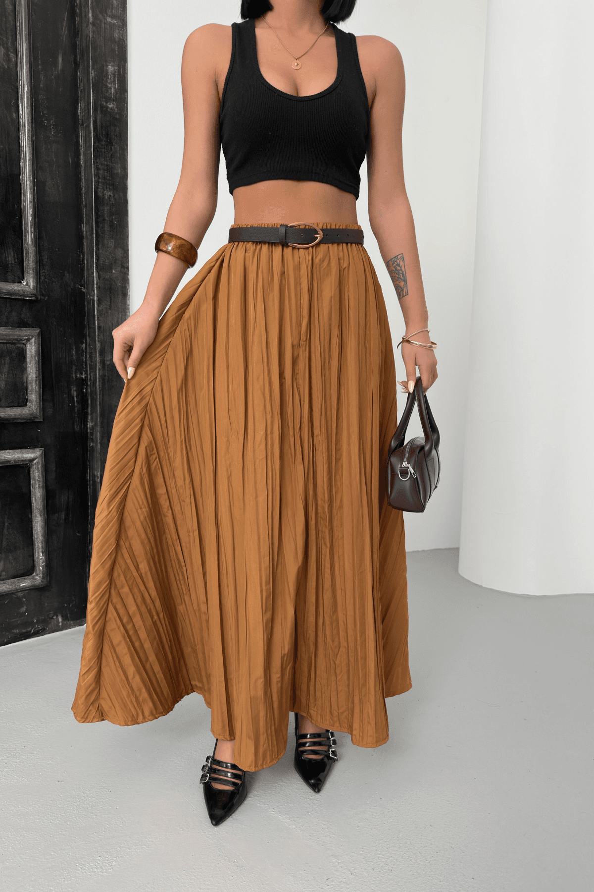 Kadın Camel Crush Efektli Uzun Kloş Etek