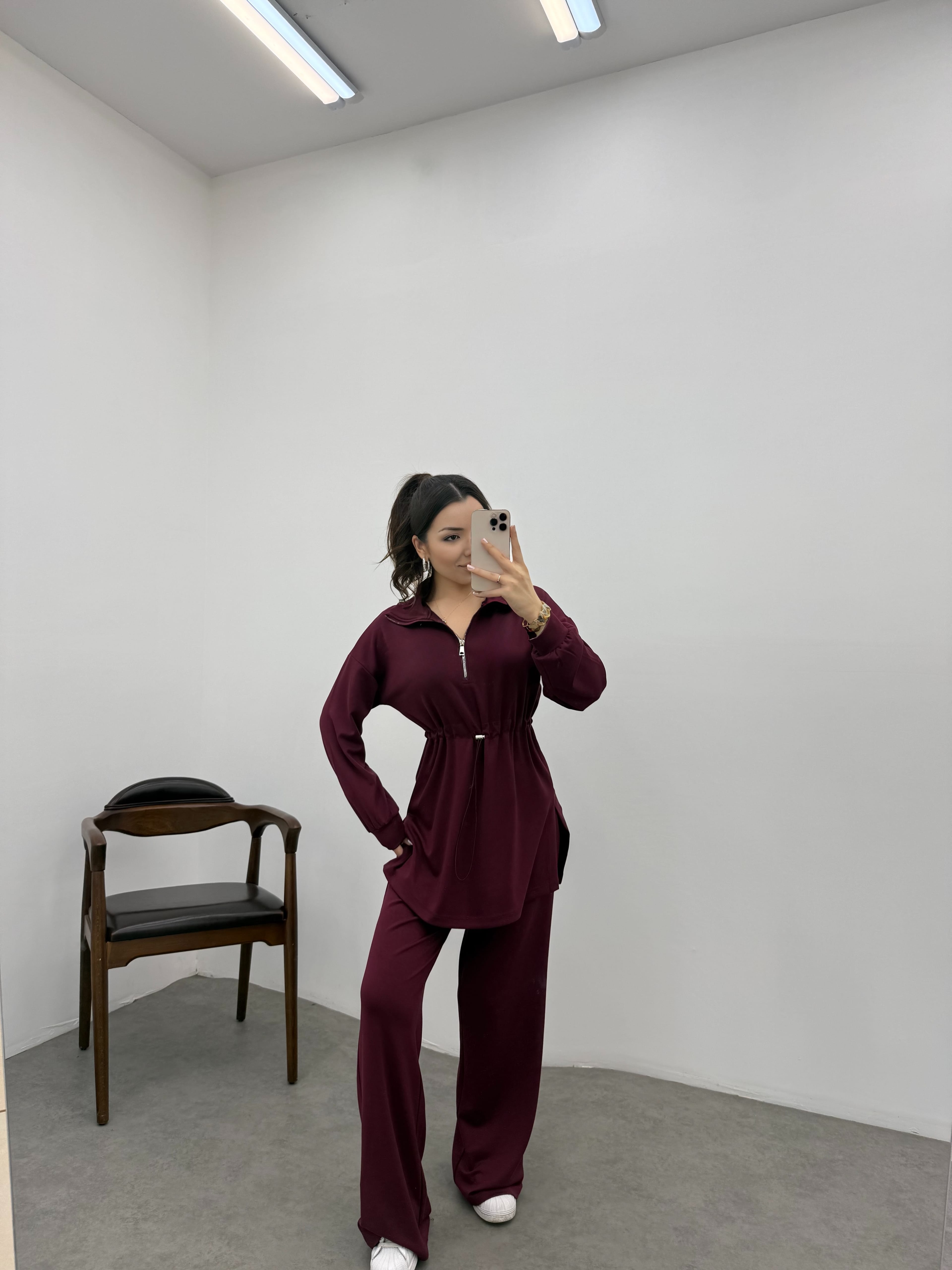 Bordo Fermuar Detaylı Belden Büzgülü Oysho Takım