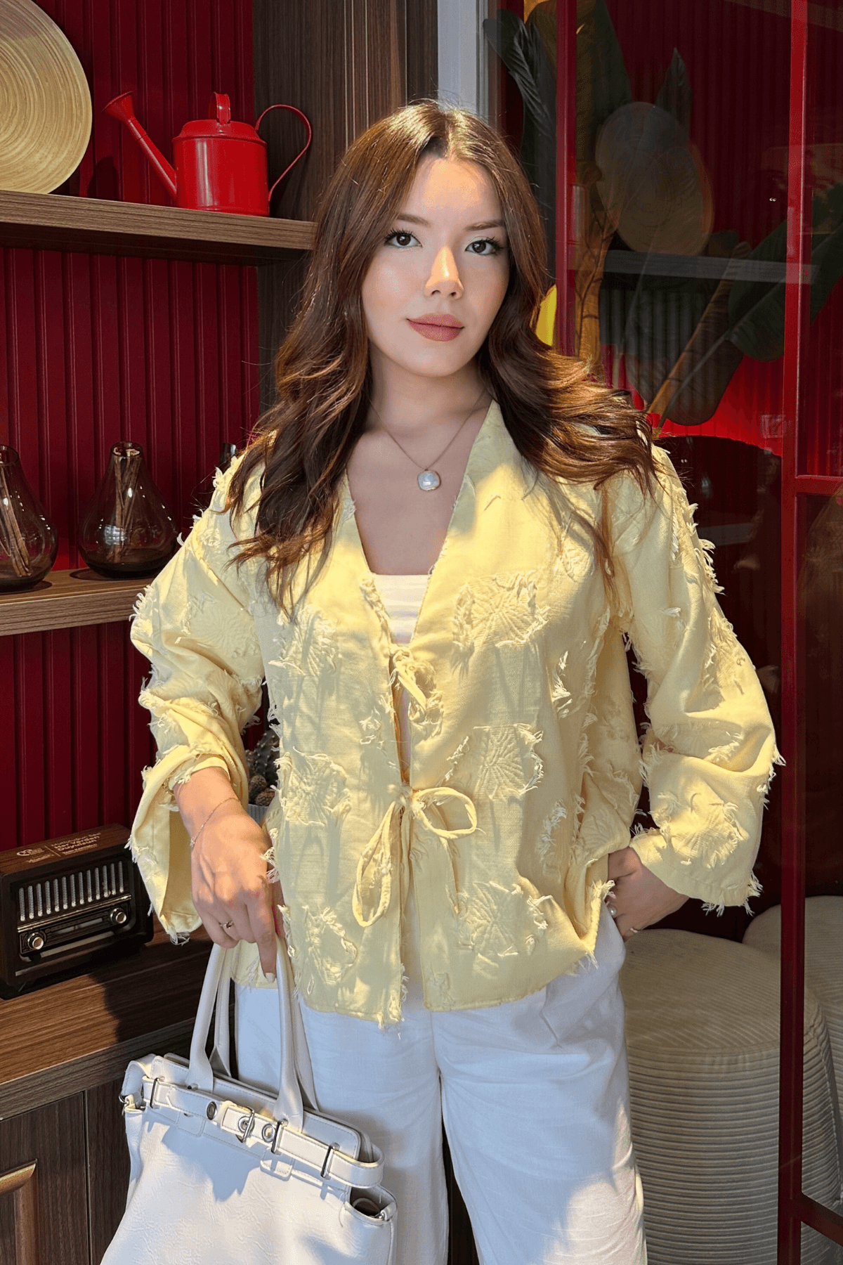 Püskül Detaylı Butter Yellow Kimono Gömlek