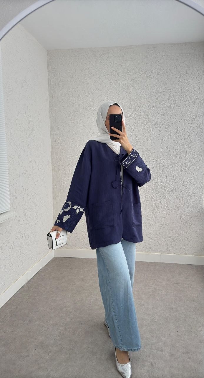 Lacivert Nakışlı Modal Kimono Gömlek