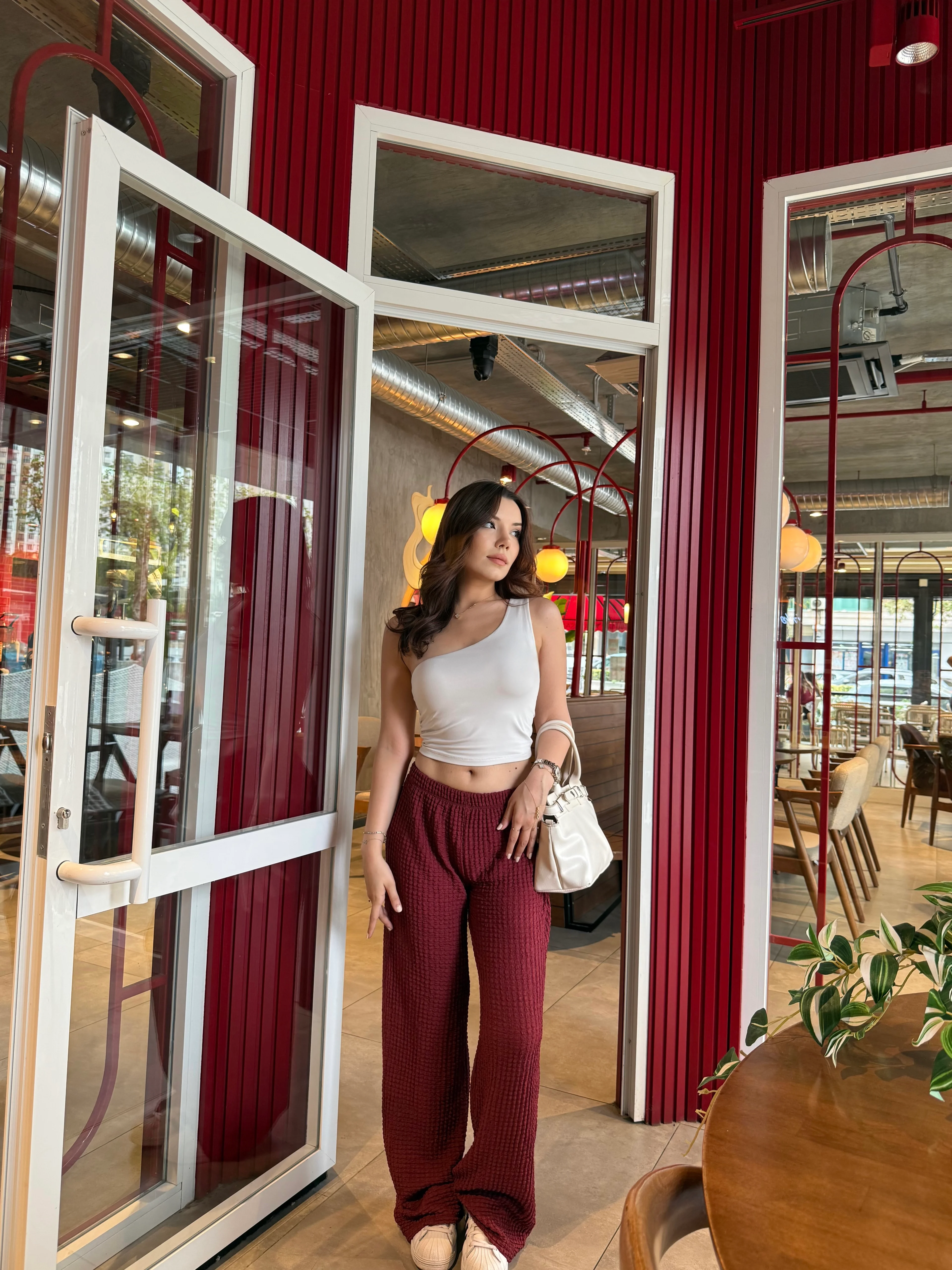 Bordo Yüksek Bel Likralı Bubble Pantolon