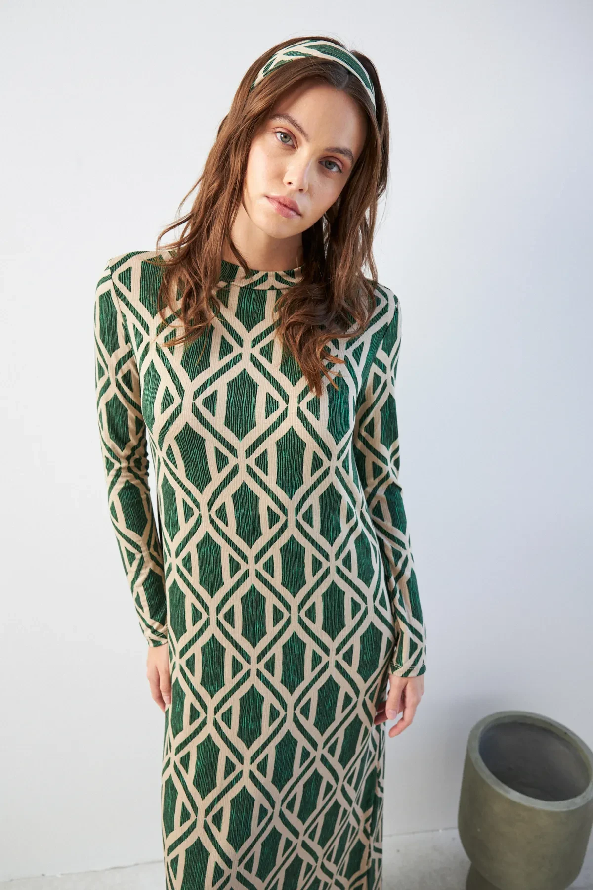 Yeşil Dikey Burgu Desenli Yarım Balıkçı Yaka Uzun Kollu Uzun Elbise