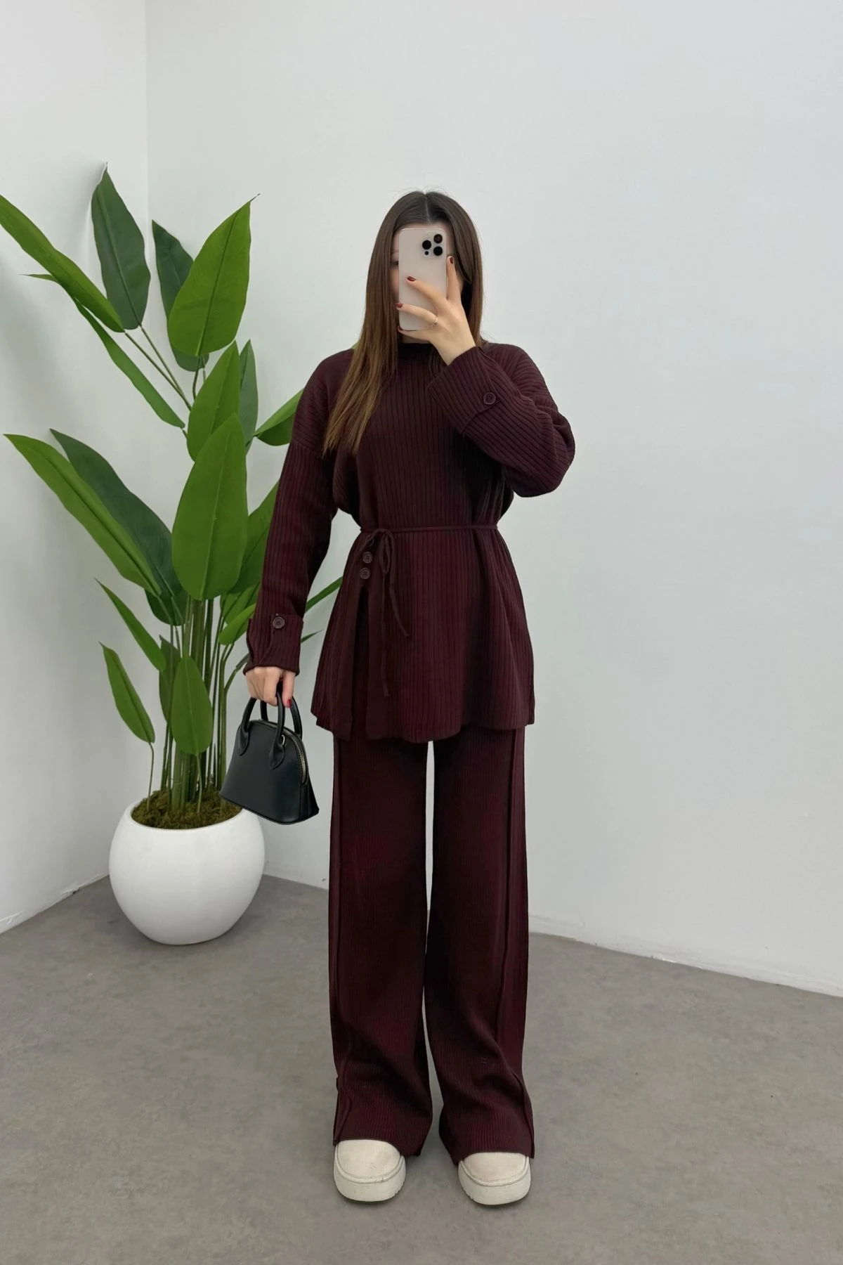  Bordo Bel Bağlamalı Düğme Detaylı Fitilli Triko Kazak Pantolon İkili Takım