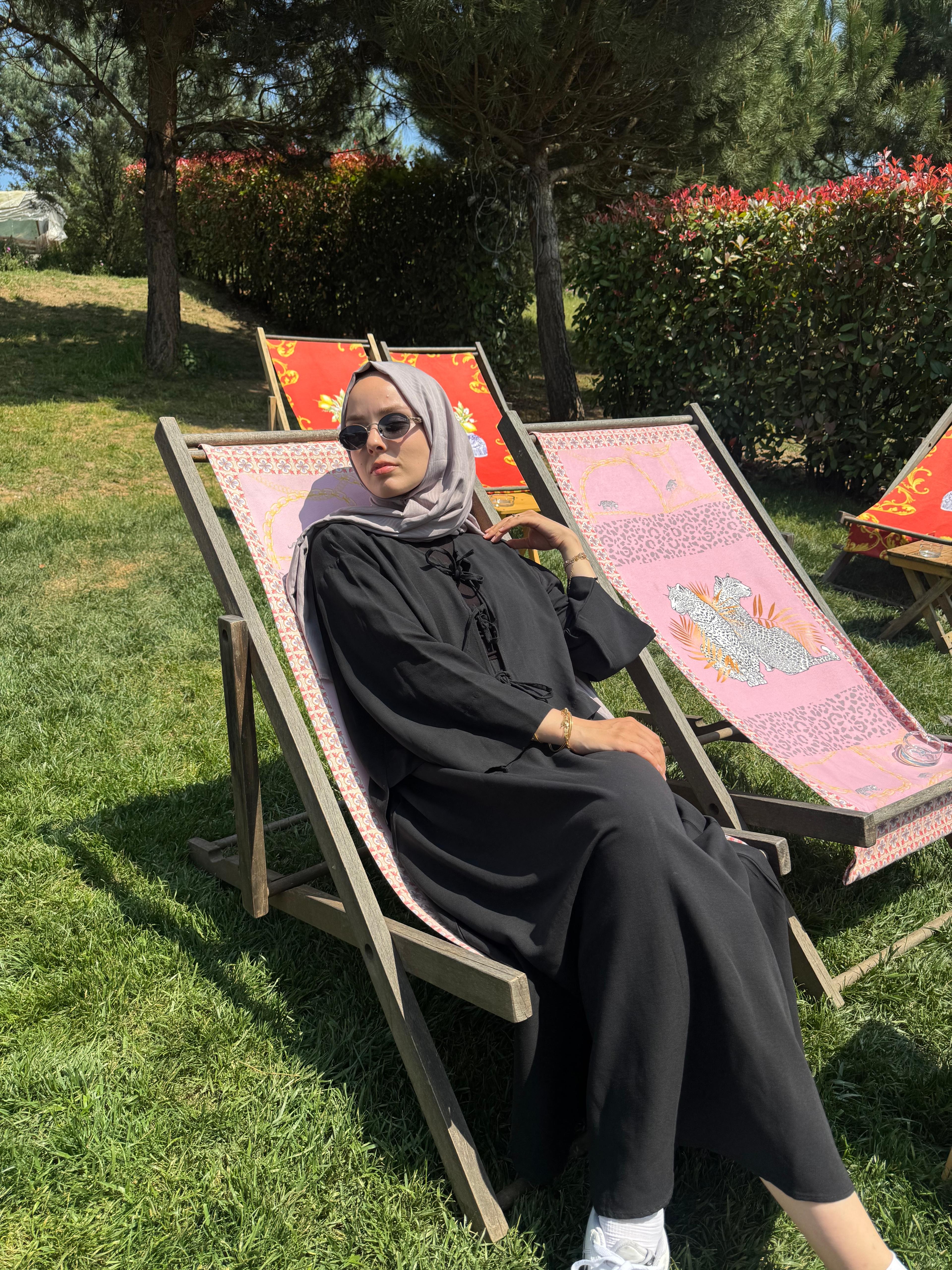 Bağlama Detaylı Keten Etek Takım Siyah