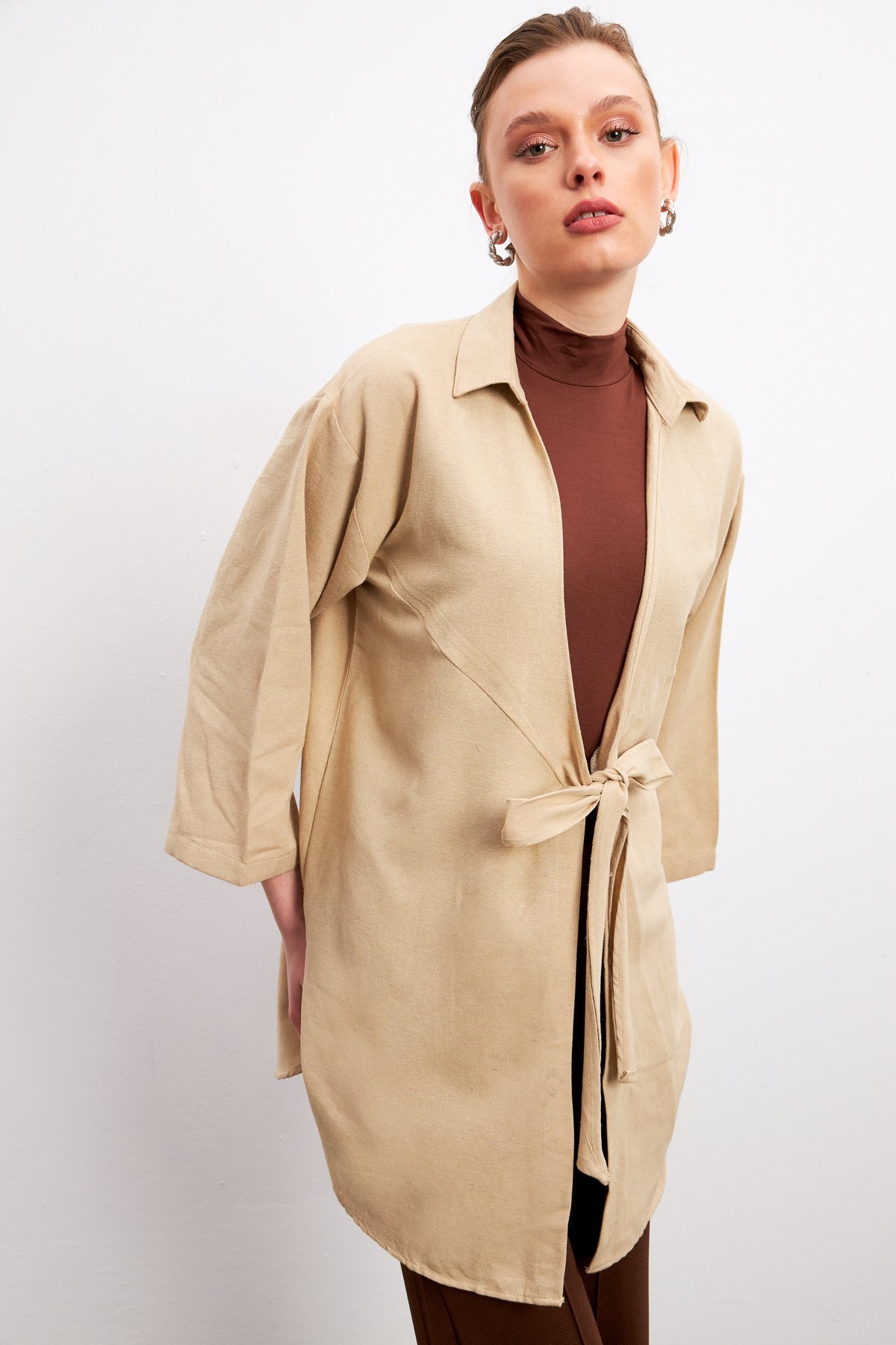 Krem Bağlama Detaylı Flam Keten Kimono