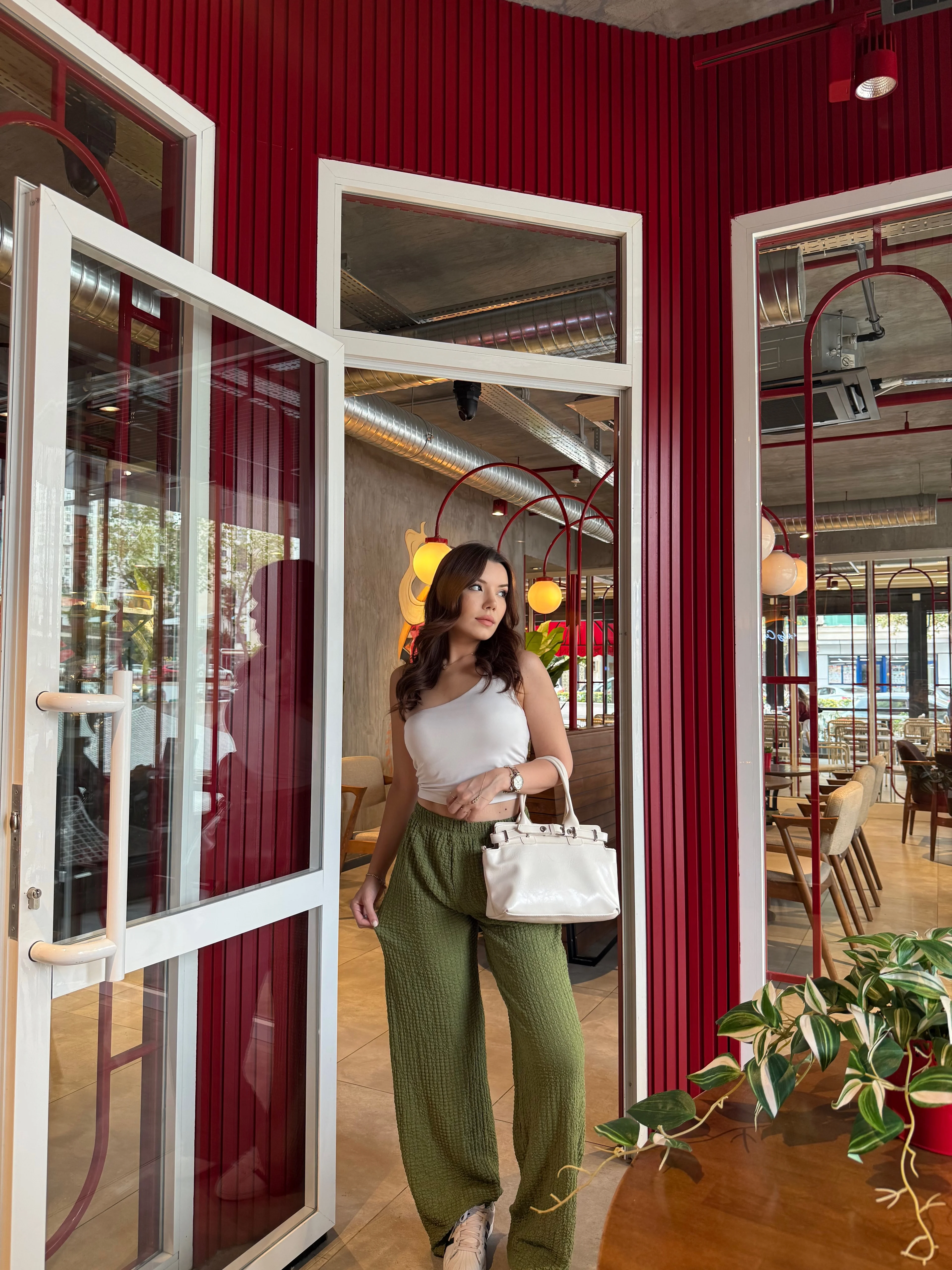 Zeytin Yeşili Yüksek Bel Likralı Bubble Pantolon