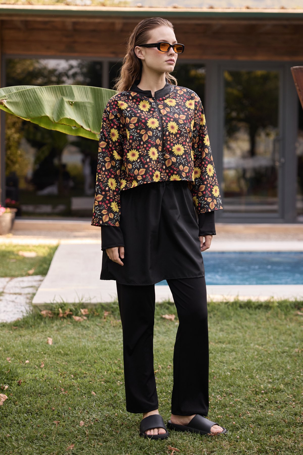 SUNSHINE FLORAL DESENLİ PARAŞÜT KUMAŞ 3'LÜ TESETTÜR MAYO 