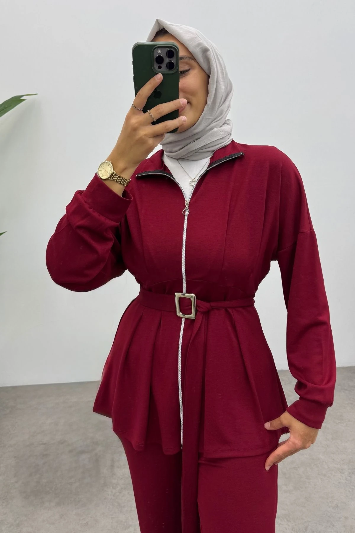 Kemerli Nervür Detaylı Oysho Takım- BORDO