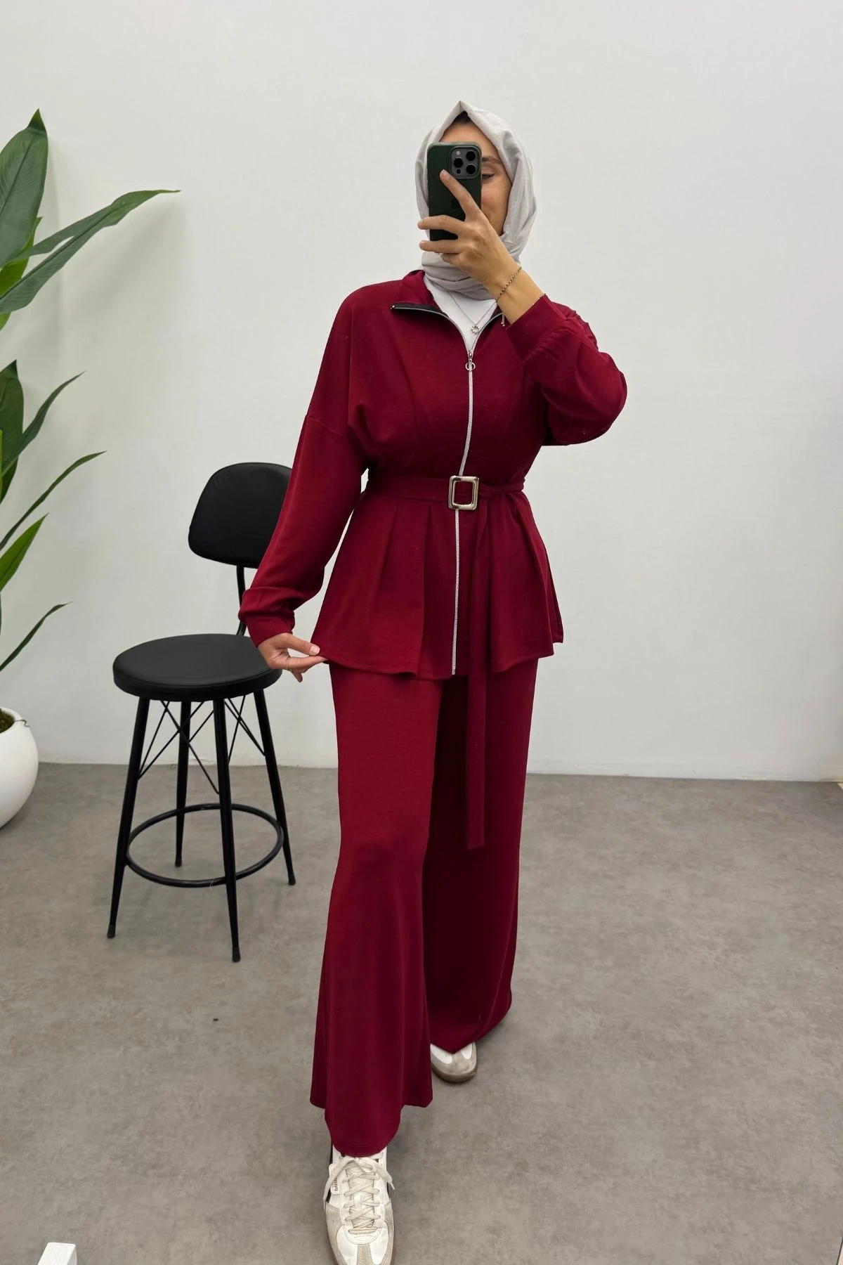 Kemerli Nervür Detaylı Oysho Takım- BORDO