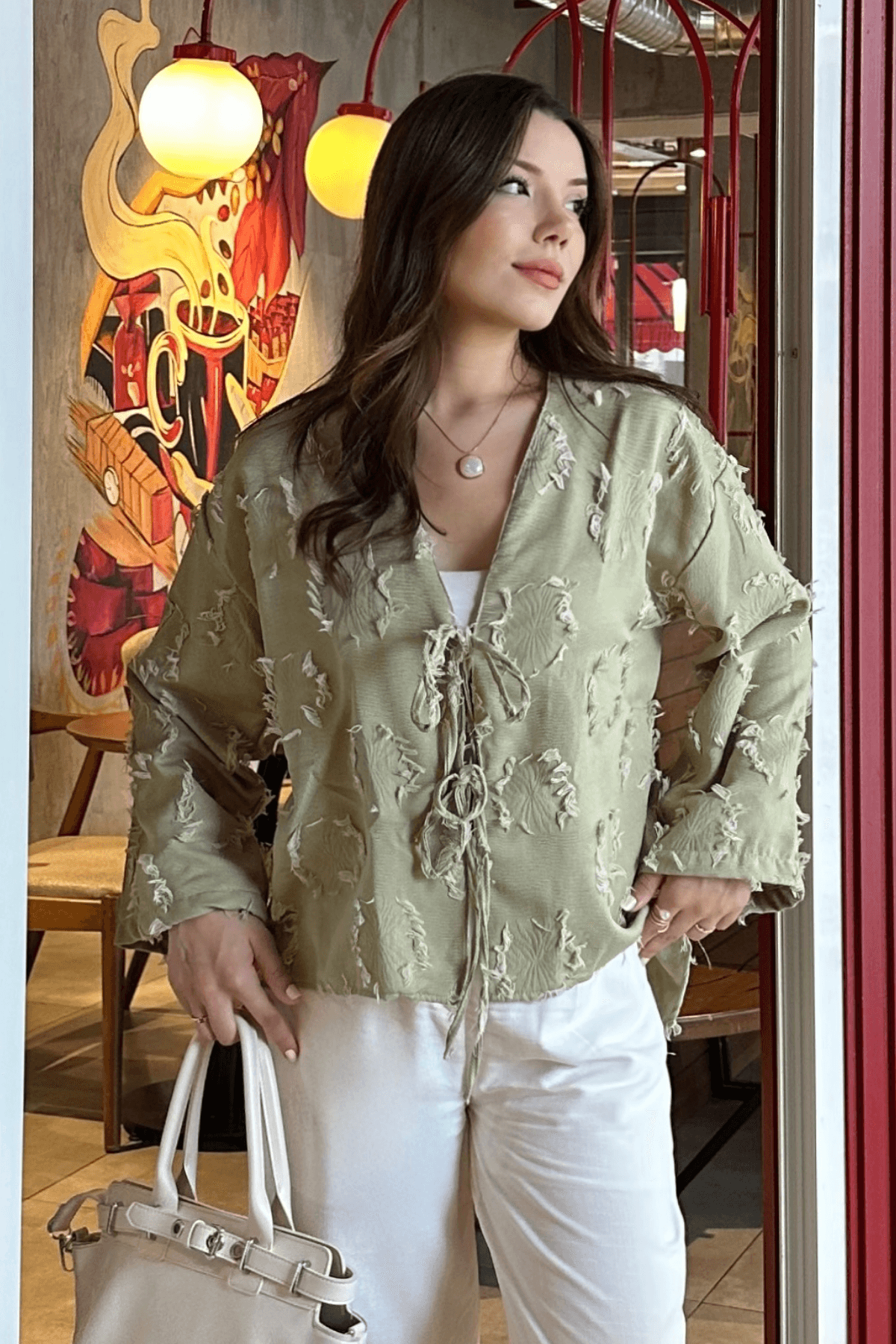 Püskül Detaylı Pastel Yeşil Kimono Gömlek