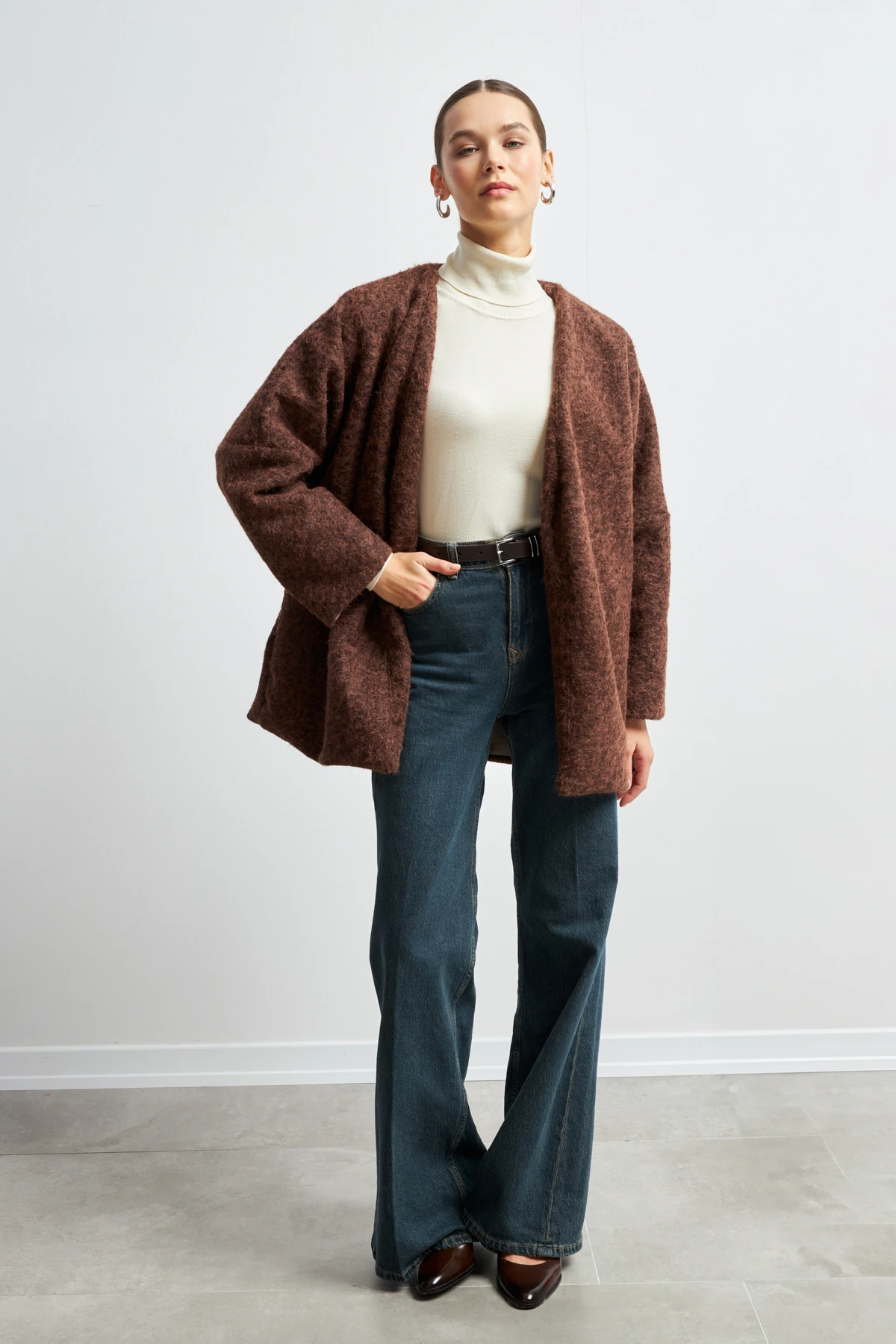 Kemerli Kaşe Ceket- KAHVE