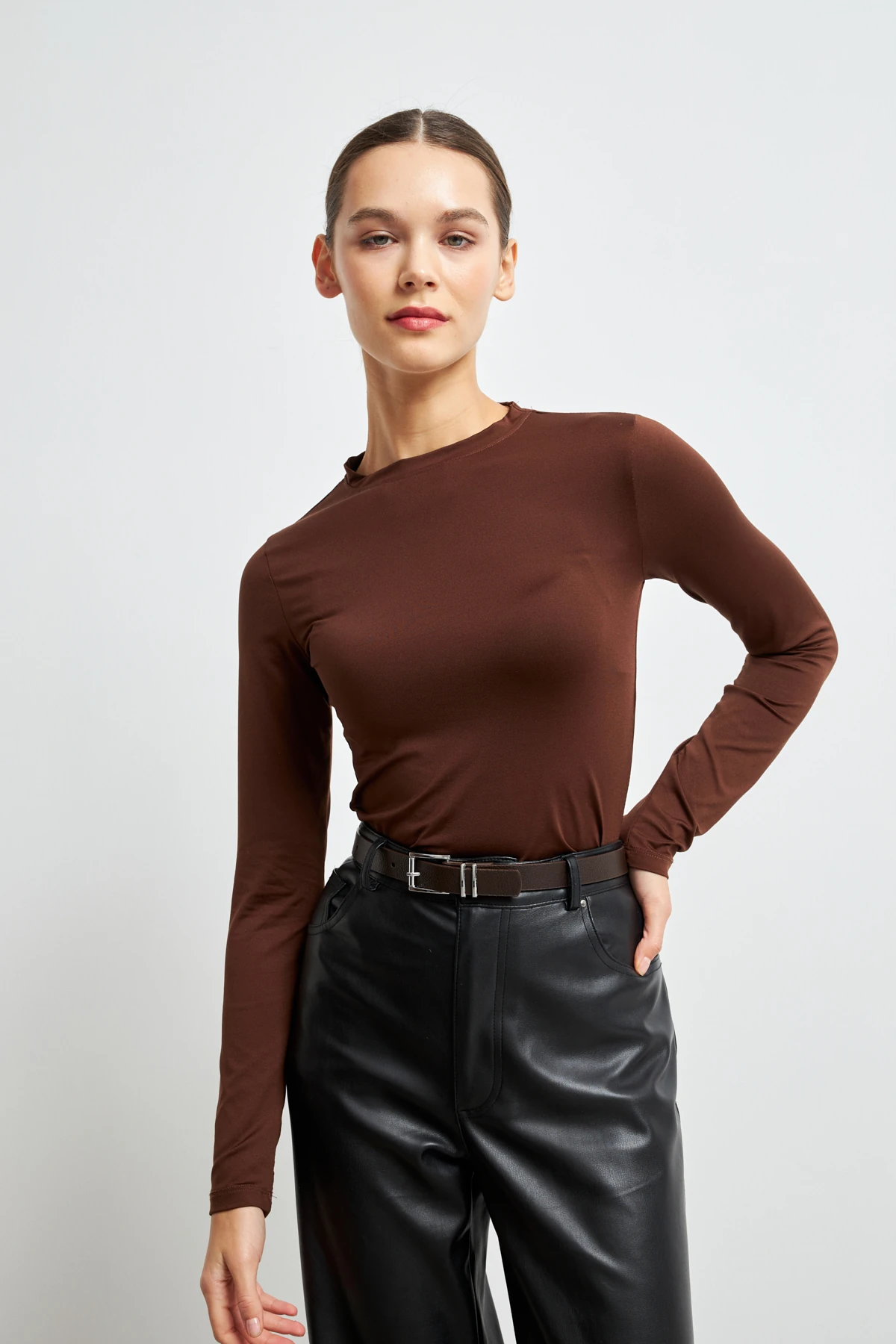 Acı Kahve  Ultra Soft Esnek Bisiklet Yaka Basic Bluz