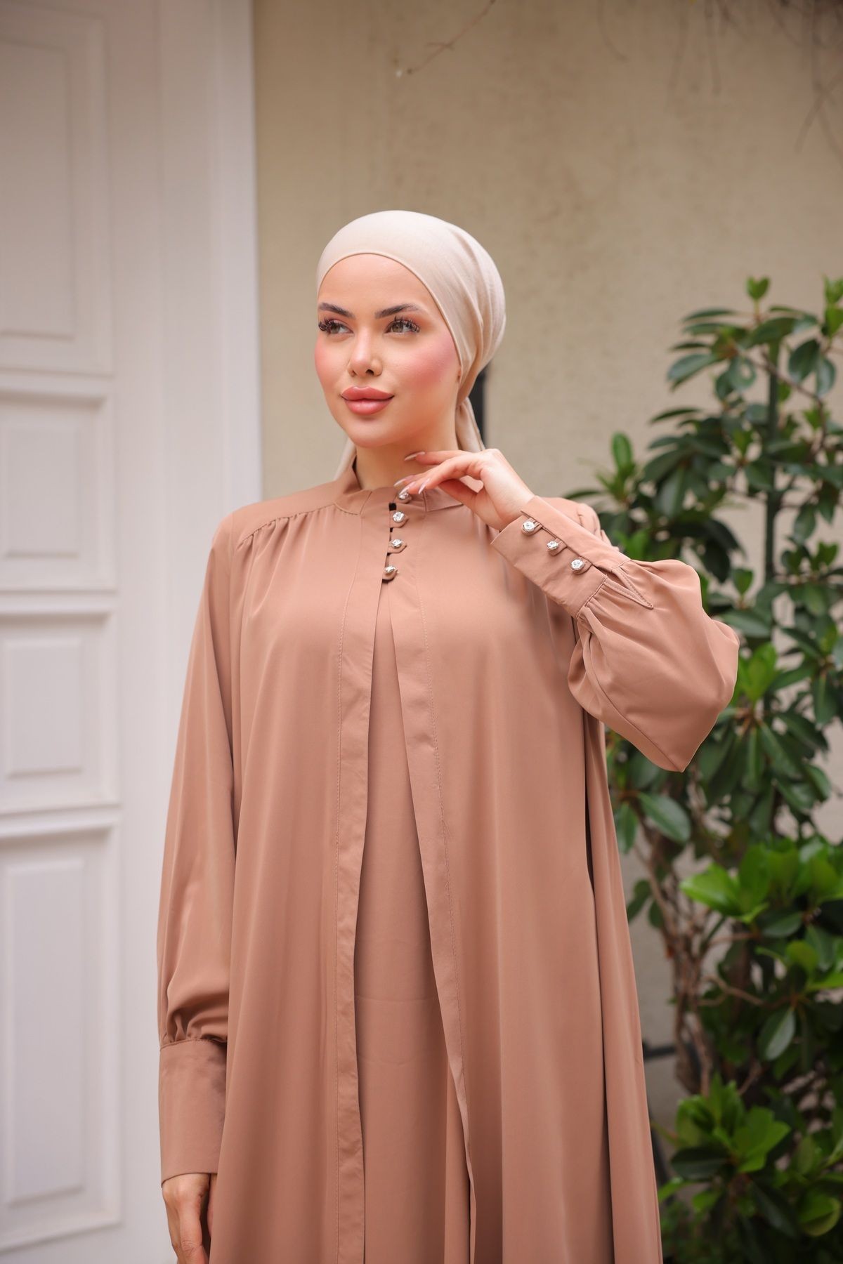Düğmeli Taşlı İkili Abaya