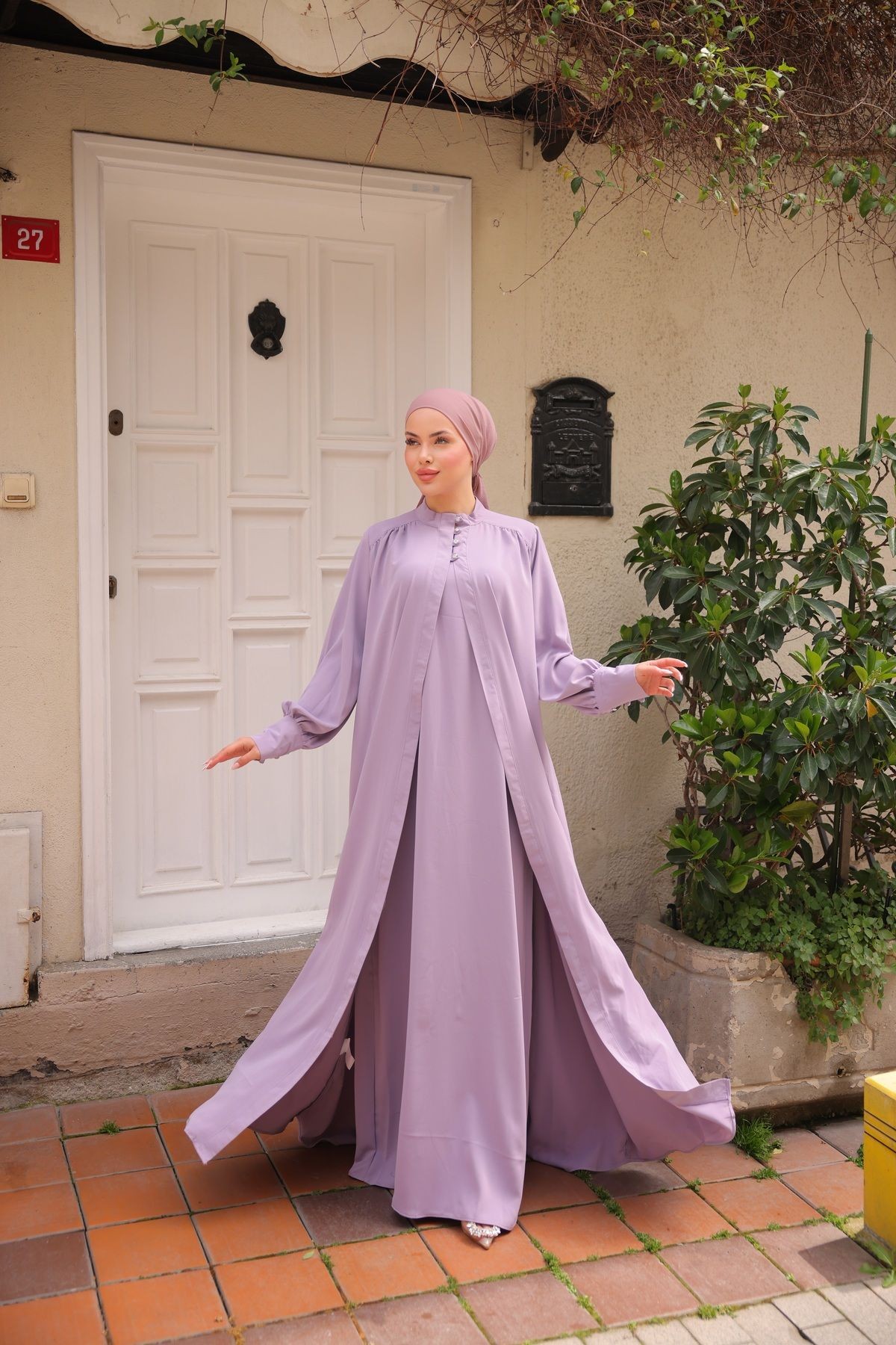 Düğmeli Taşlı İkili Abaya - mor