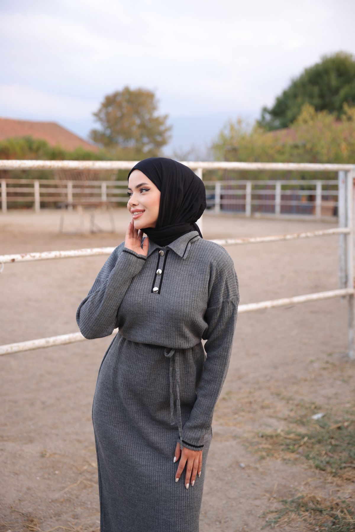 Yarım Pat Düğmeli Triko Elbise - gri