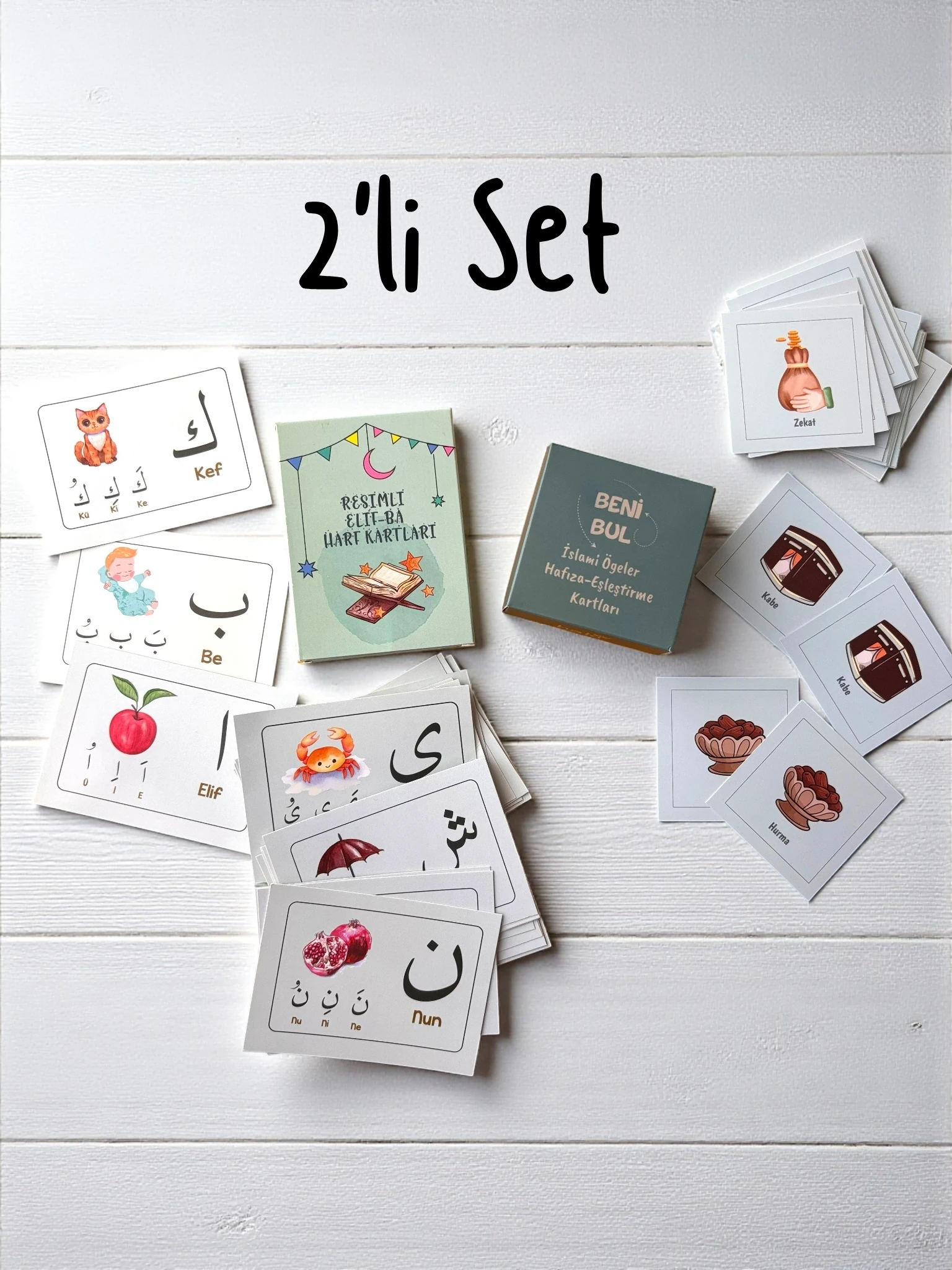 Resimli Elif-Ba Kartları ve İslami Ögeler Eşleştirme Kartları 2li Set