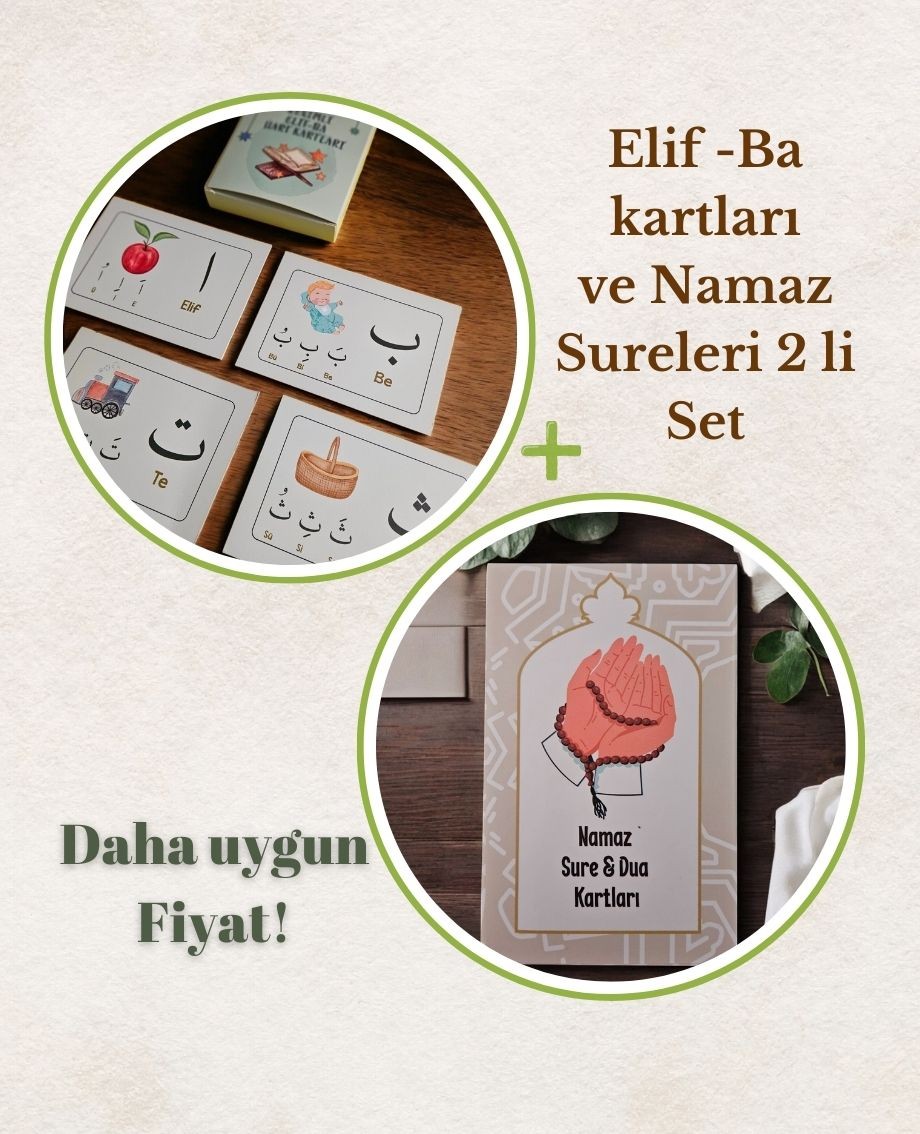 Resimli Elif-Ba Harf Kartları ve Resimli Namaz Sure ve Dua Kartları 2li set