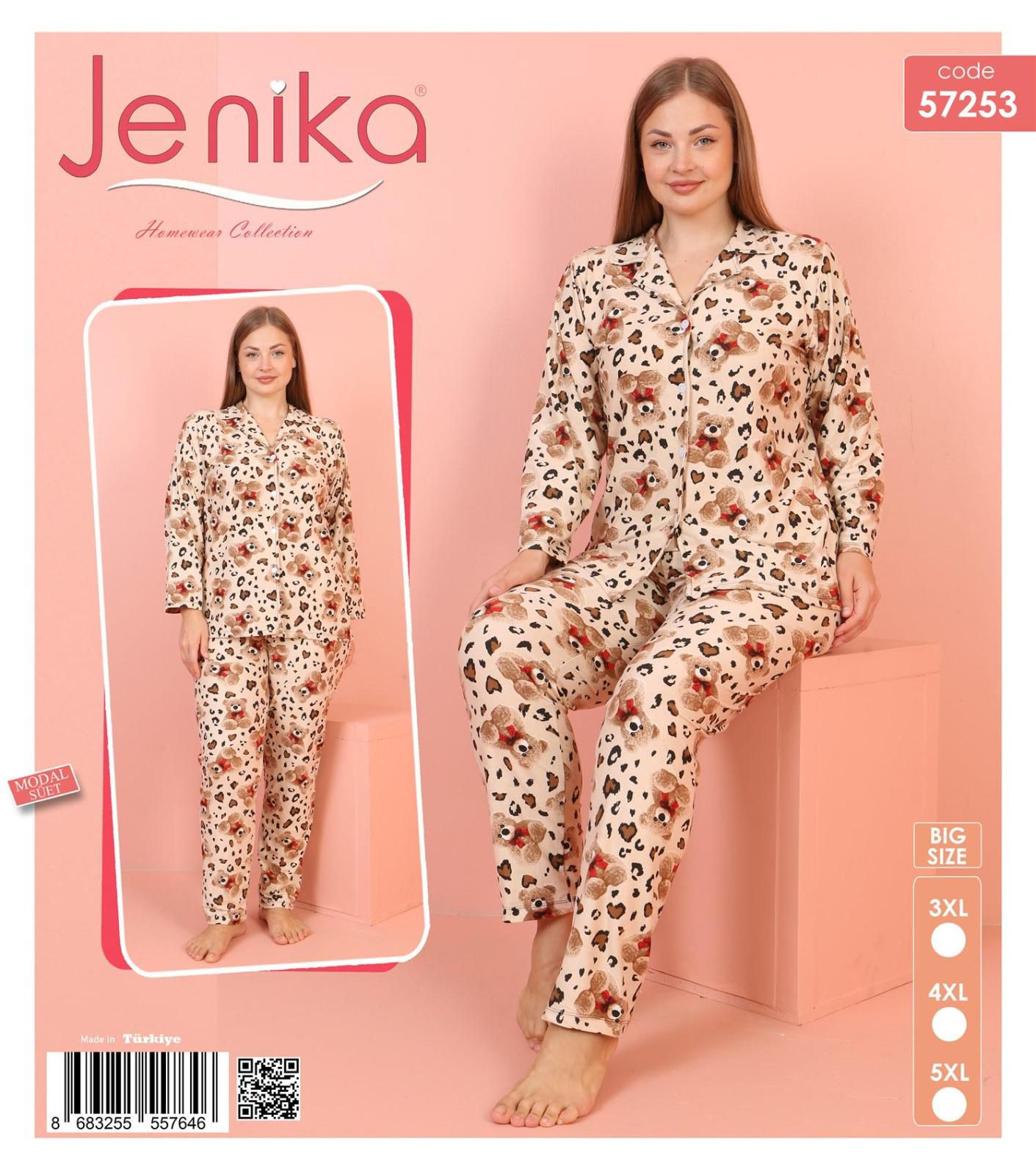 Jenika Collection Büyük Beden Modal Süet Uzun Kollu Düğmeli Pijama Takımı - 57253