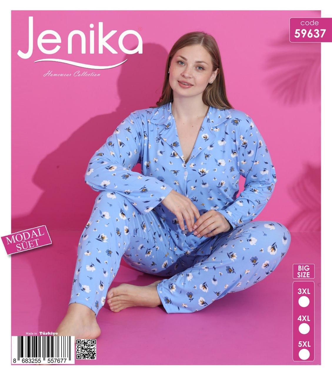 Jenika Collection Büyük Beden Modal Süet Uzun Kollu Düğmeli Pijama Takımı - 59637
