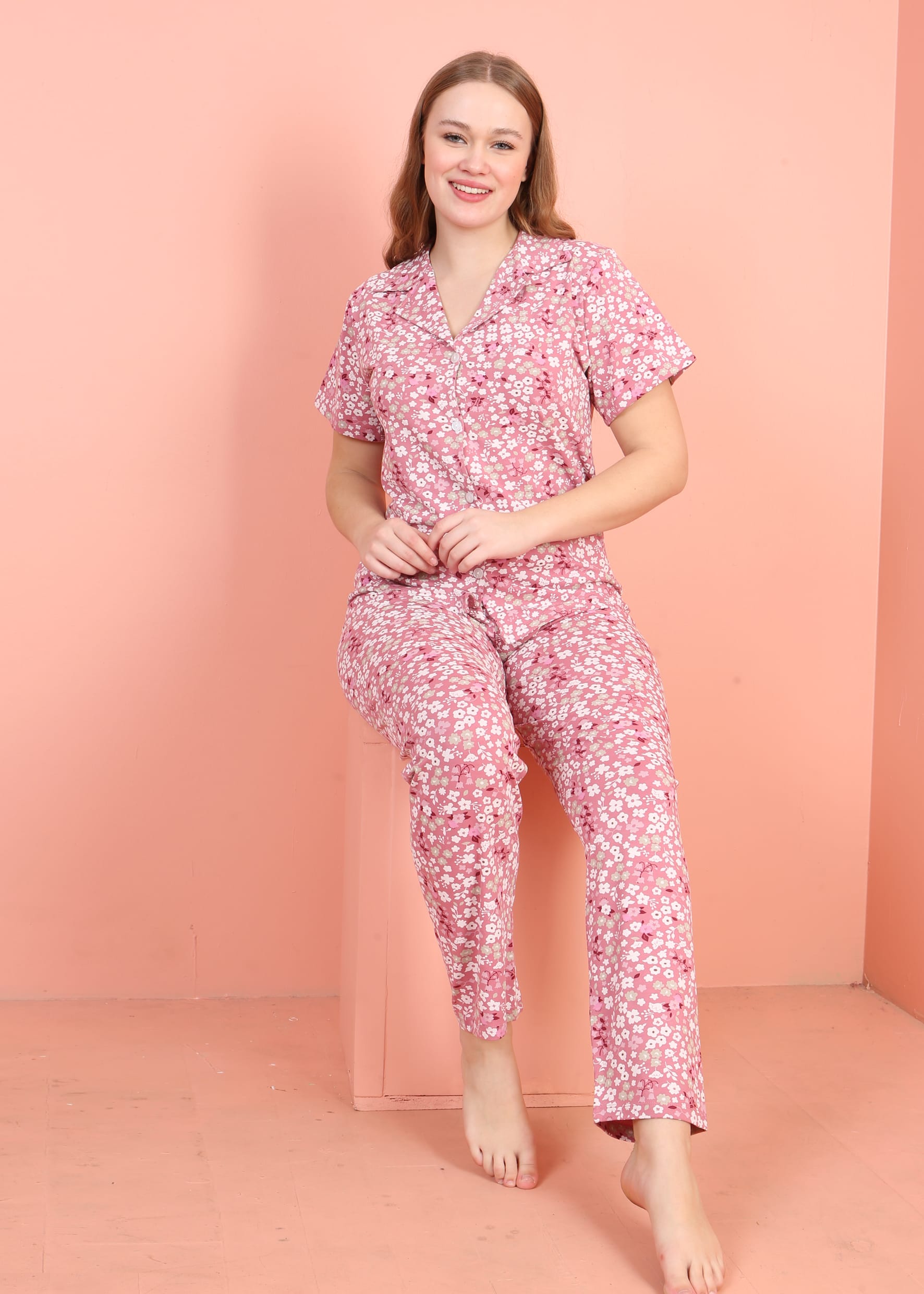 Jenika Kadın Düğmeli Pamuklu Pijama Takımı – Rahat ve Şık Ev Giyim - 59383