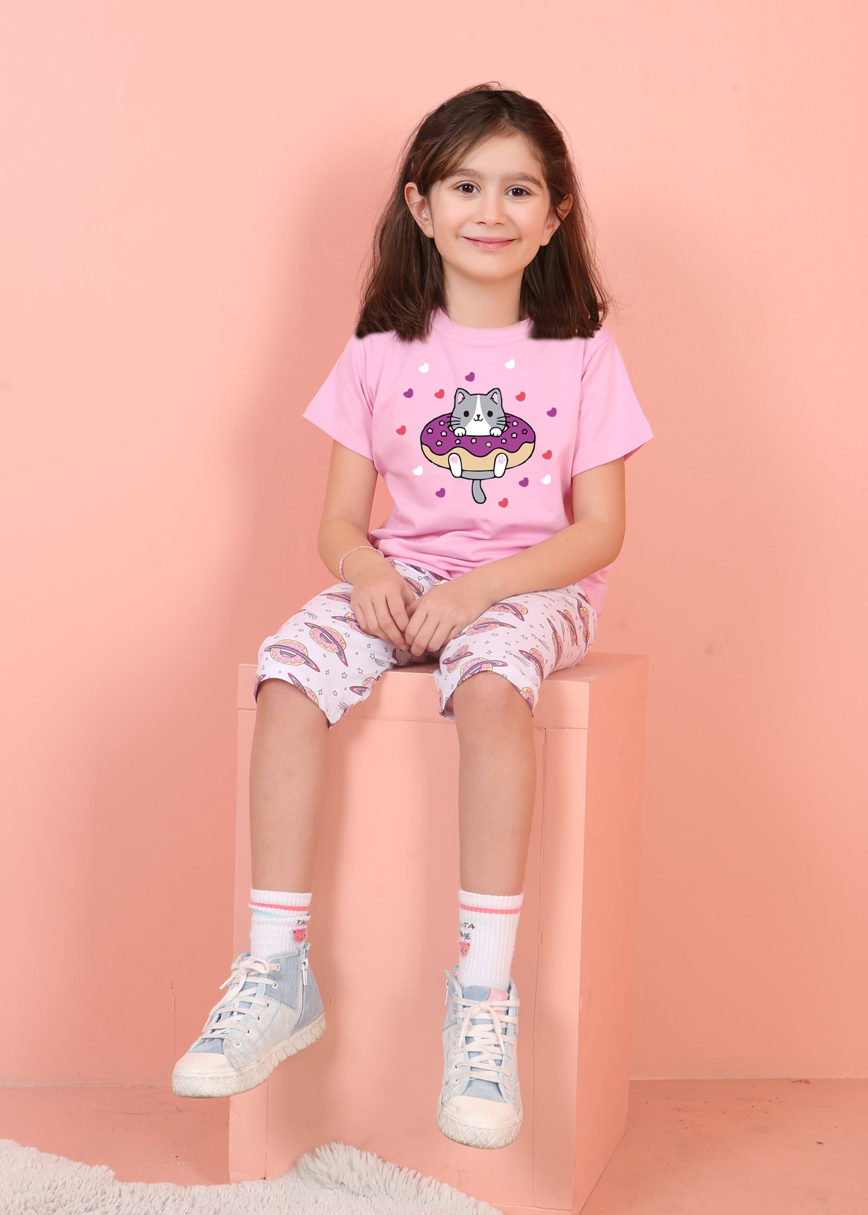 Jenika Kids Kız Çocuk Pamuklu Baskılı Kapri Takım - 58718