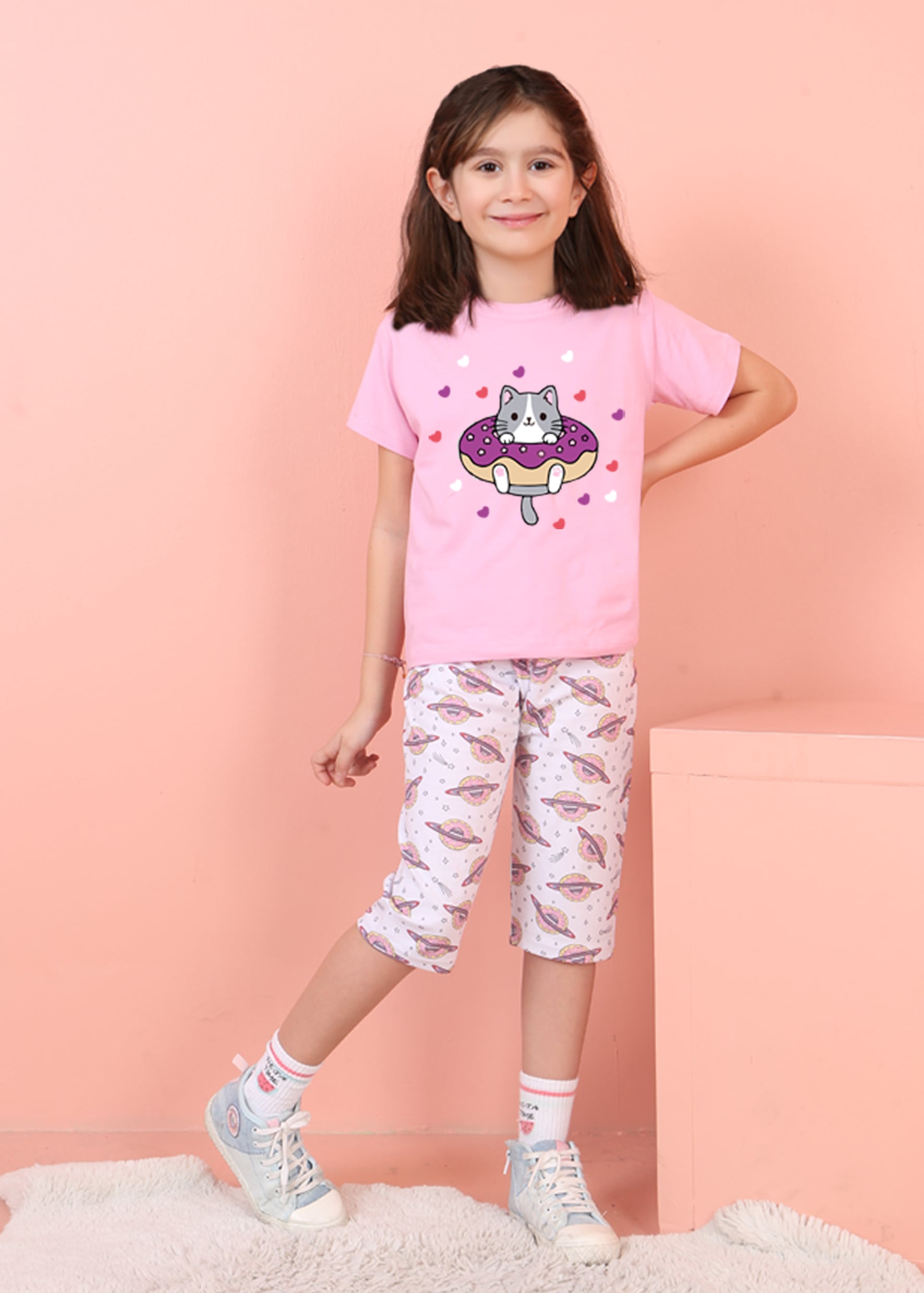 Jenika Kids Kız Çocuk Pamuklu Baskılı Kapri Takım