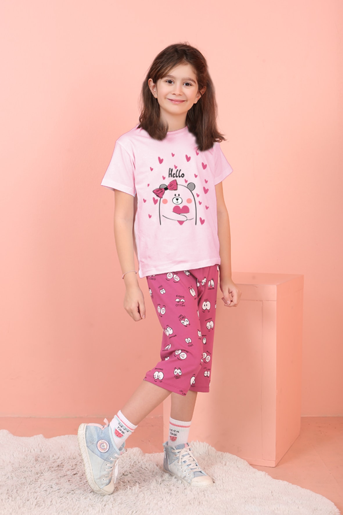 Jenika Kids Kız Çocuk Pamuklu Baskılı Kapri Takım - 58728