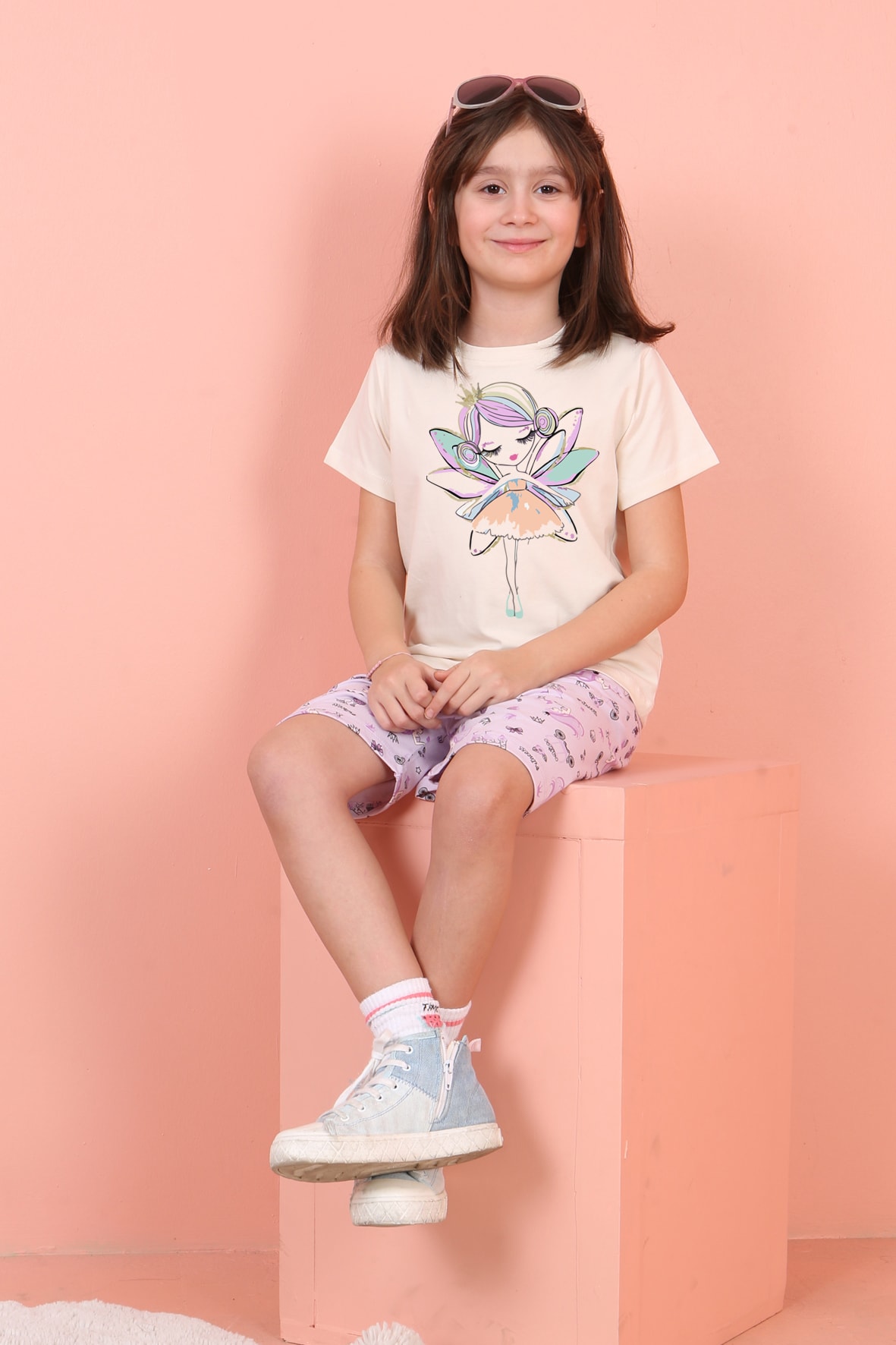 Jenika Kids Kız Çocuk Pamuklu Baskılı Kapri Takım - 58685