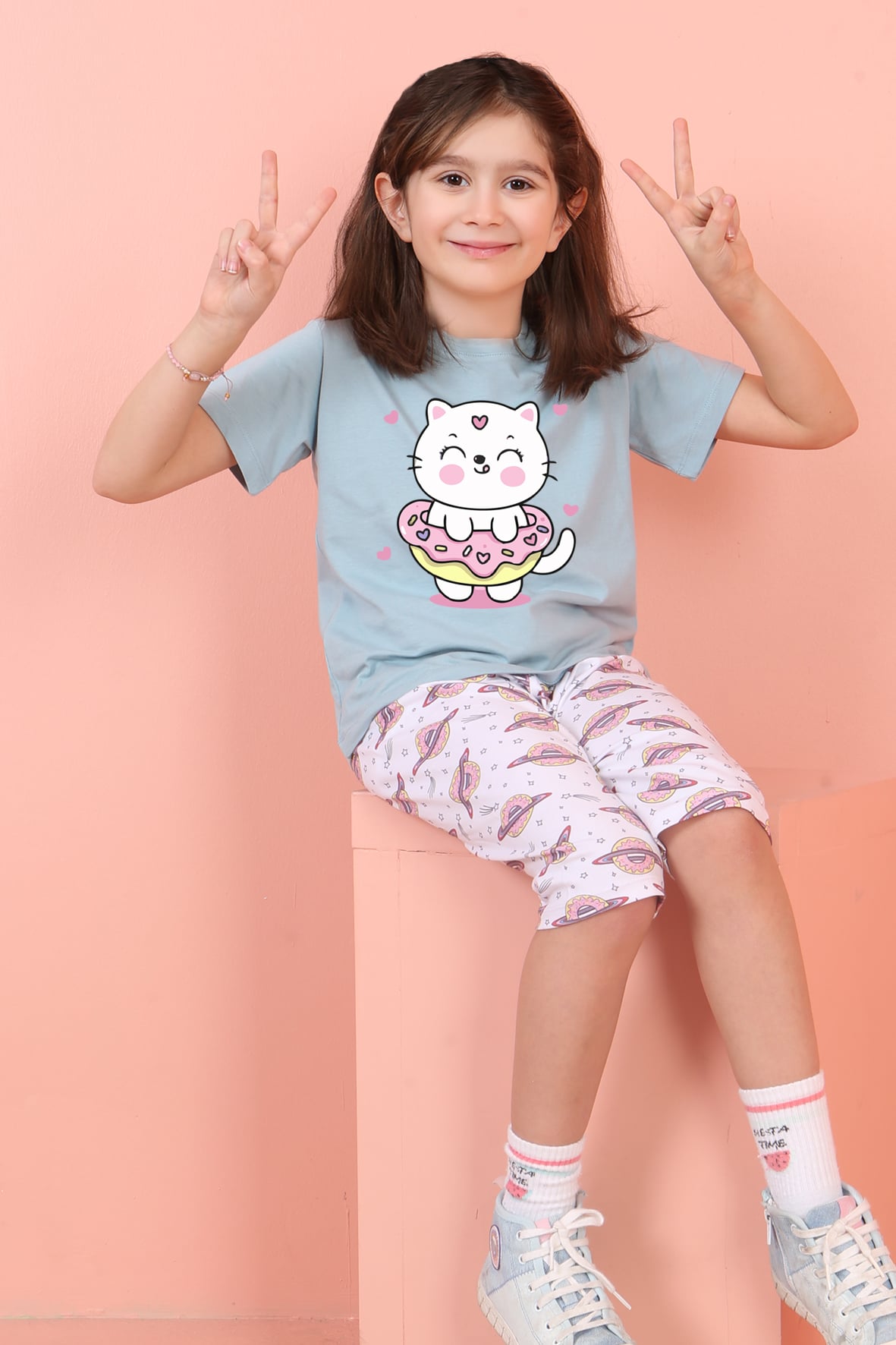 Jenika Kids Kız Çocuk Pamuklu Baskılı Kapri Takım - 58720