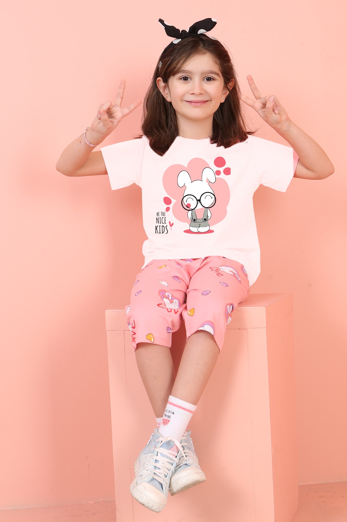 Jenika Kids Kız Çocuk Pamuklu Baskılı Kapri Takım - 58988