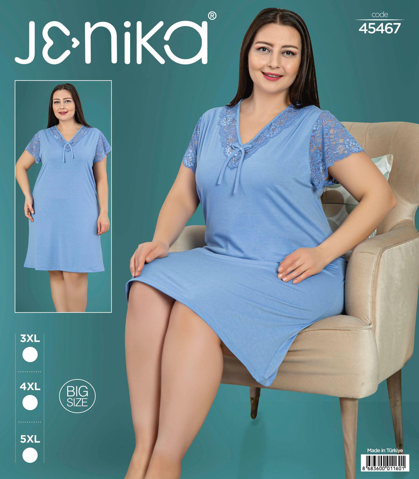 Jenika Collection Büyük Beden Dantel Detaylı Kısa Kollu Gecelik – Pamuklu Rahat Kalıp - Açık Mavi