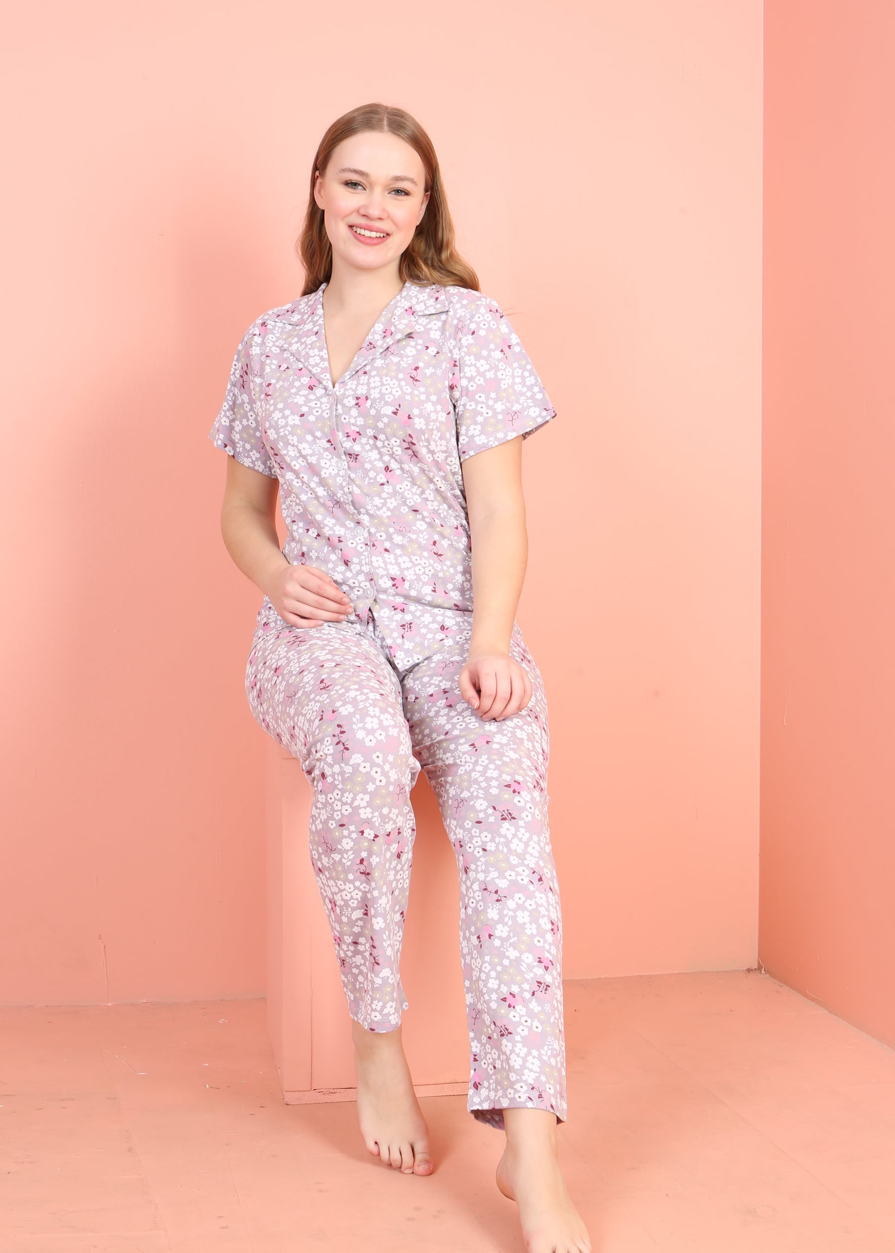 Jenika Kadın Düğmeli Pamuklu Pijama Takımı – Rahat ve Şık Ev Giyim - 59382
