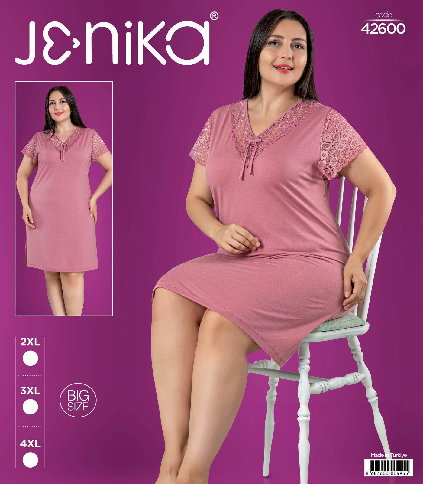 Jenika Collection Büyük Beden Dantel Detaylı Kısa Kollu Gecelik – Pamuklu Rahat Kalıp - Gül Kurusu