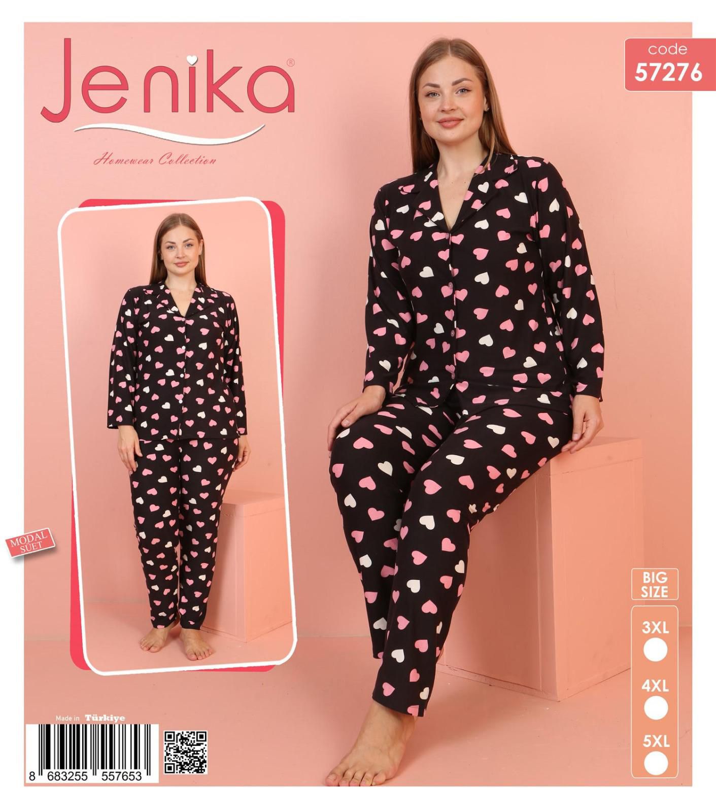 Jenika Collection Büyük Beden Modal Süet Uzun Kollu Düğmeli Pijama Takımı - 57276