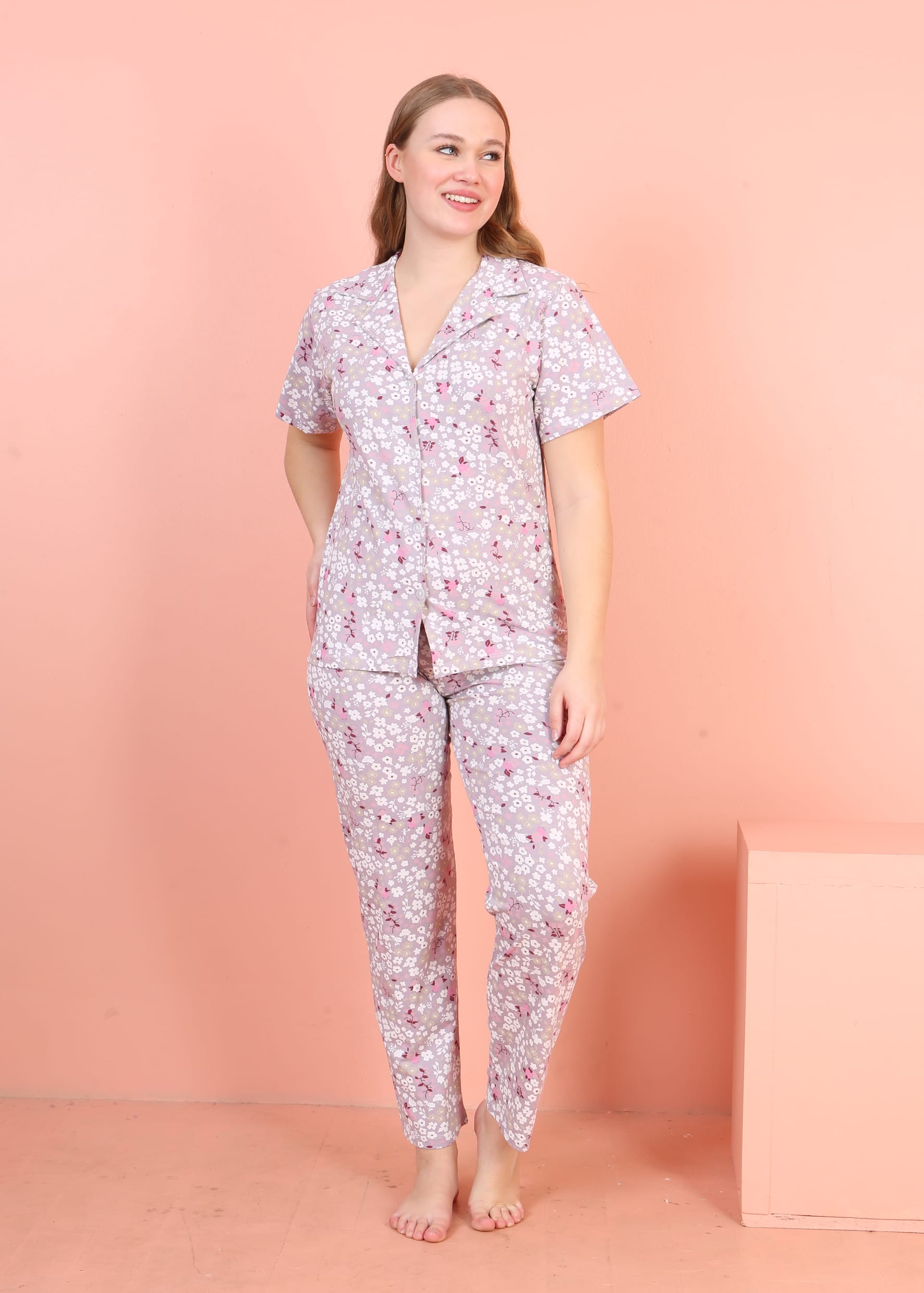 Jenika Kadın Düğmeli Pamuklu Pijama Takımı – Rahat ve Şık Ev Giyim