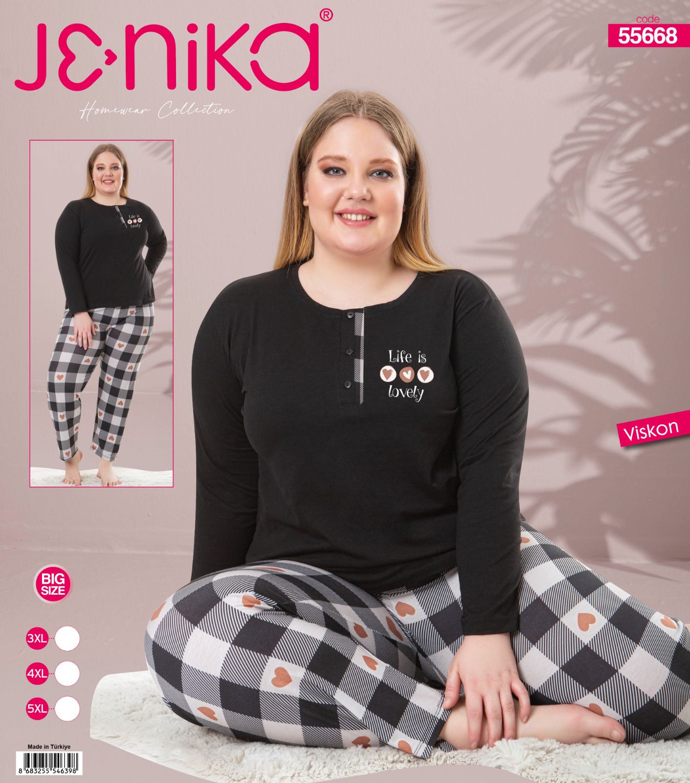 Jenika Collection Büyük Beden Viskon Uzun Kollu Patlı Pijama Takımı - Ekose - 1