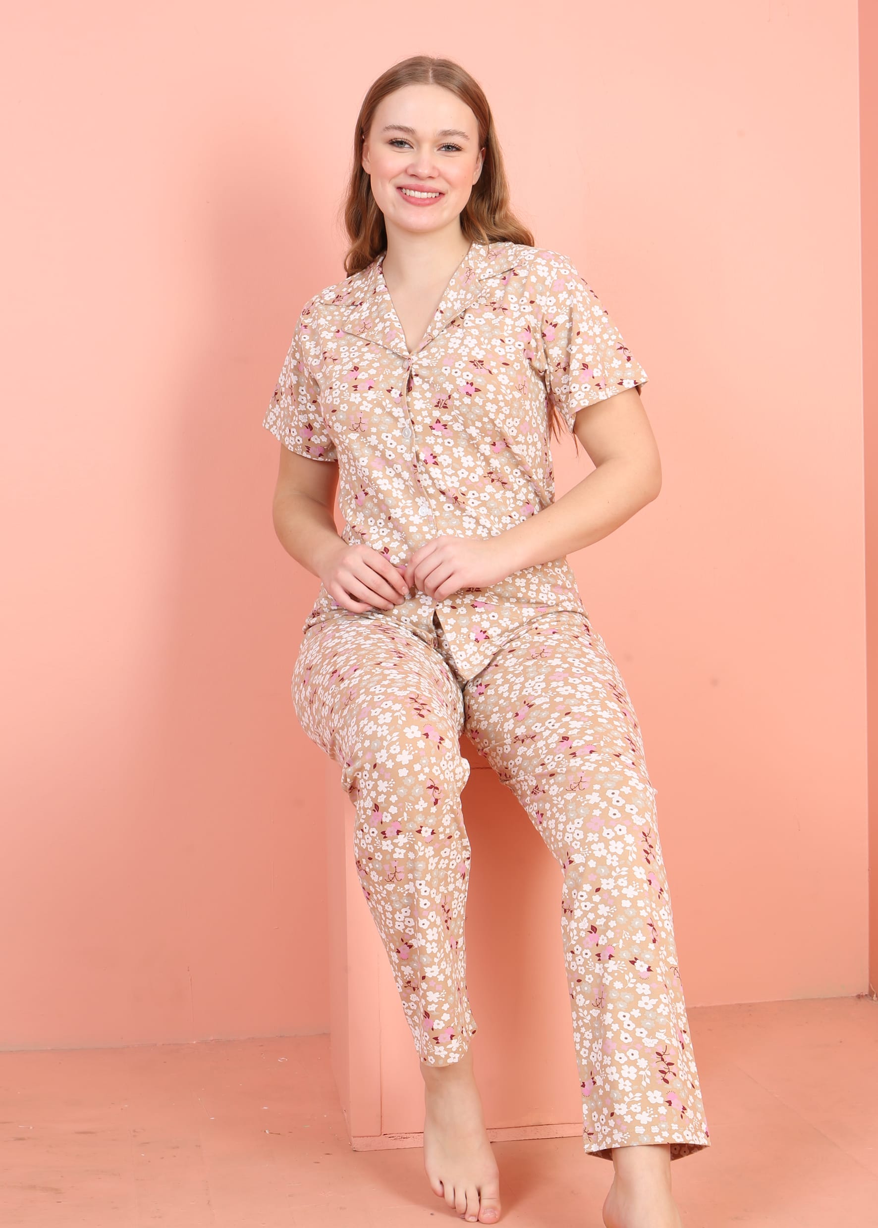 Jenika Kadın Düğmeli Pamuklu Pijama Takımı – Rahat ve Şık Ev Giyim - 59384