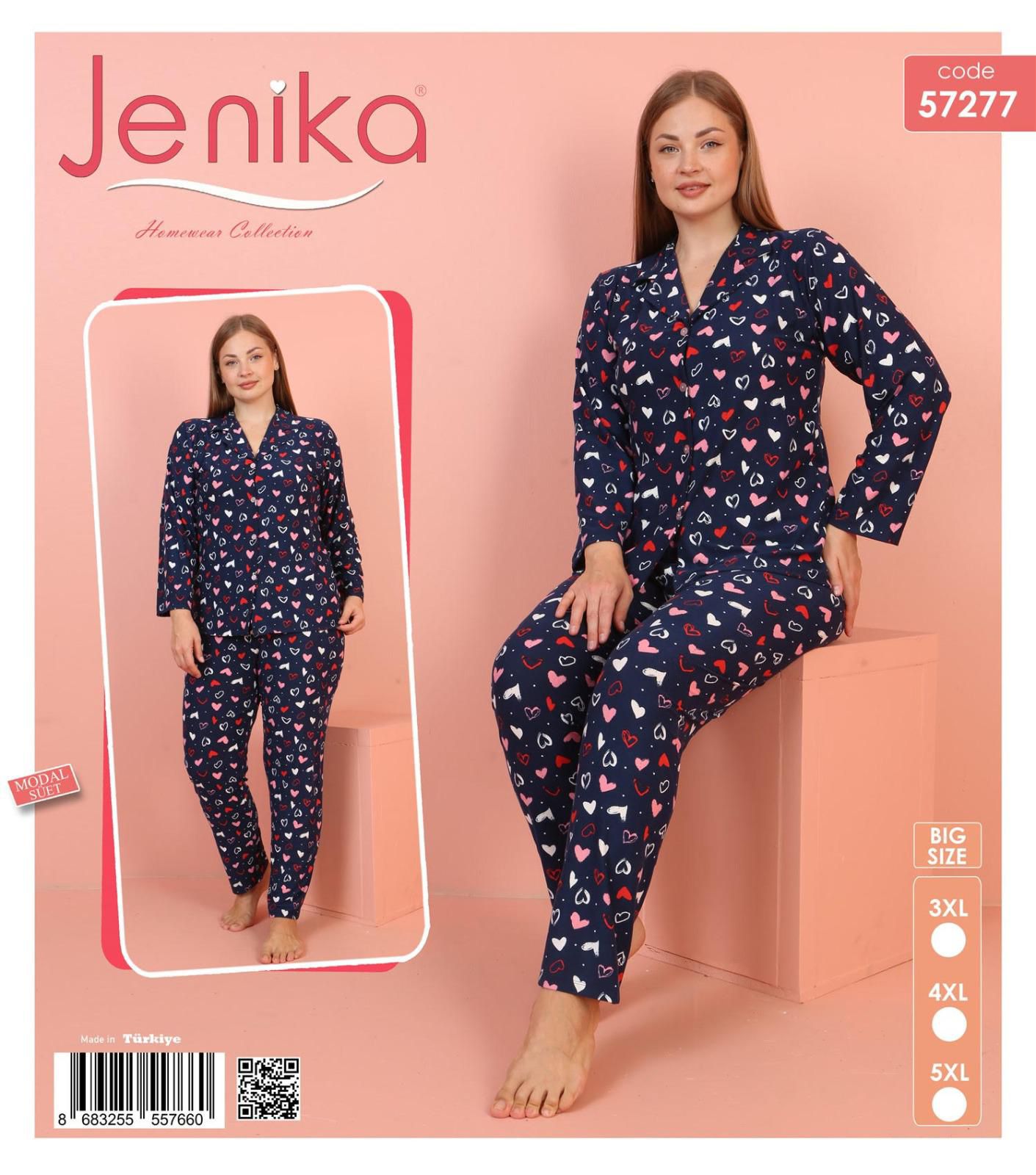 Jenika Collection Büyük Beden Modal Süet Uzun Kollu Düğmeli Pijama Takımı - 57277