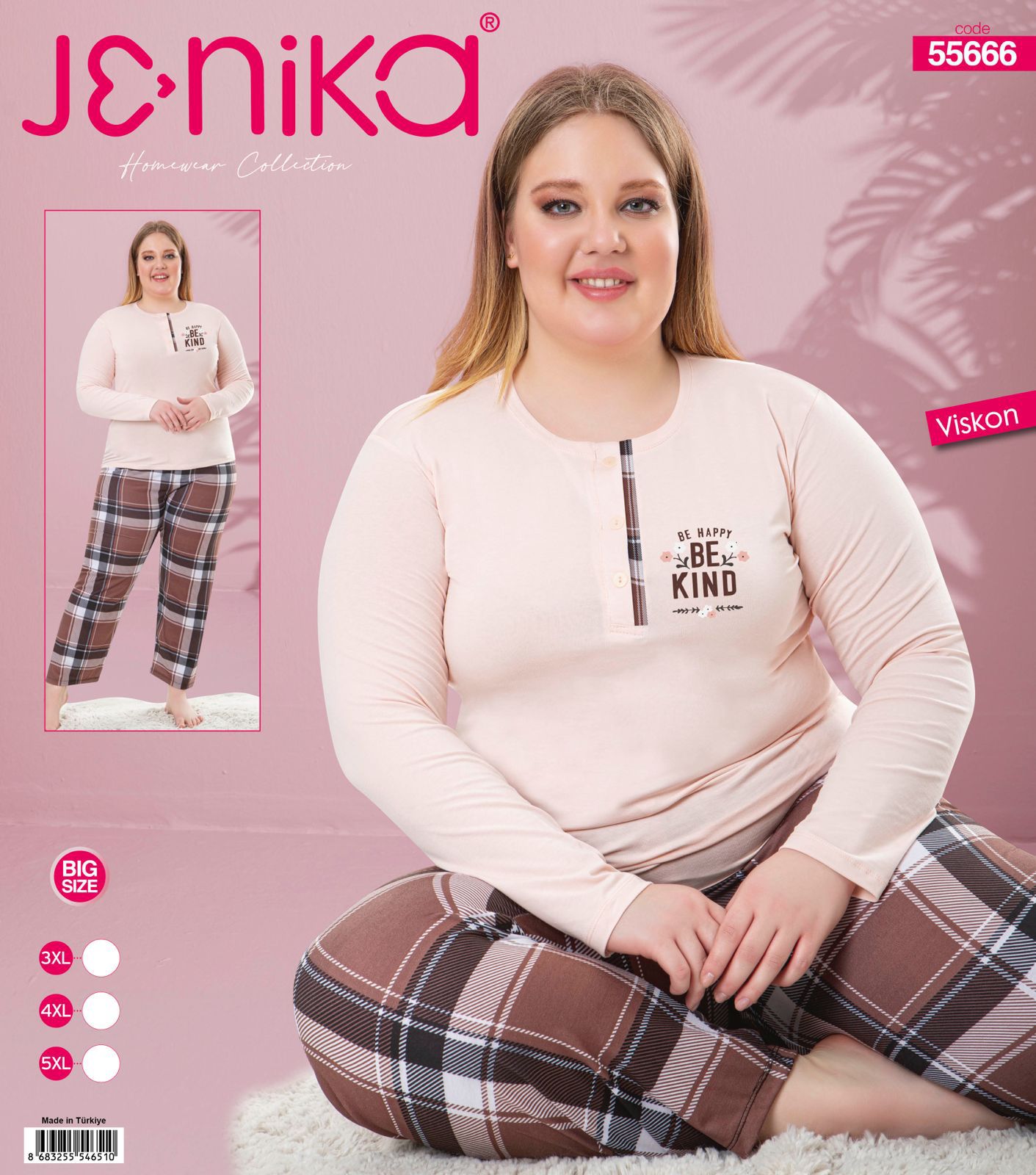 Jenika Collection Büyük Beden Viskon Uzun Kollu Patlı Pijama Takımı - Ekose - 2