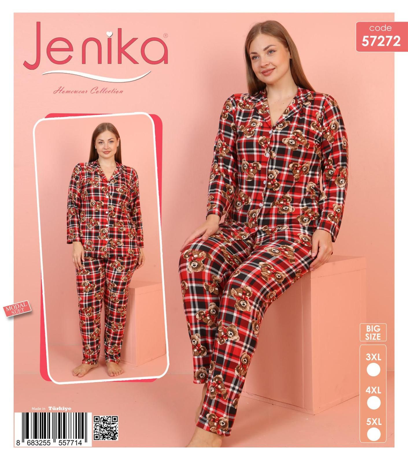 Jenika Collection Büyük Beden Modal Süet Uzun Kollu Düğmeli Pijama Takımı - 57272