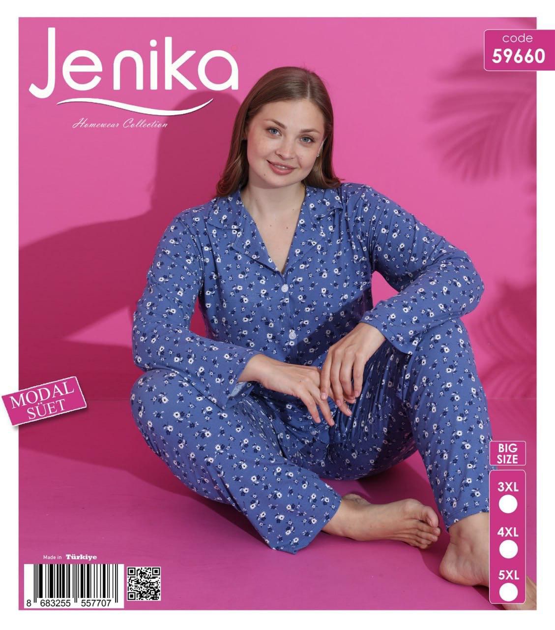 Jenika Collection Büyük Beden Modal Süet Uzun Kollu Düğmeli Pijama Takımı - 59660
