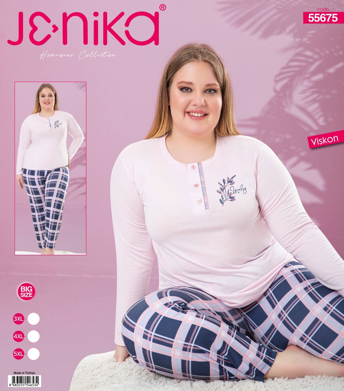Jenika Collection Büyük Beden Viskon Uzun Kollu Patlı Pijama Takımı - Ekose - 3