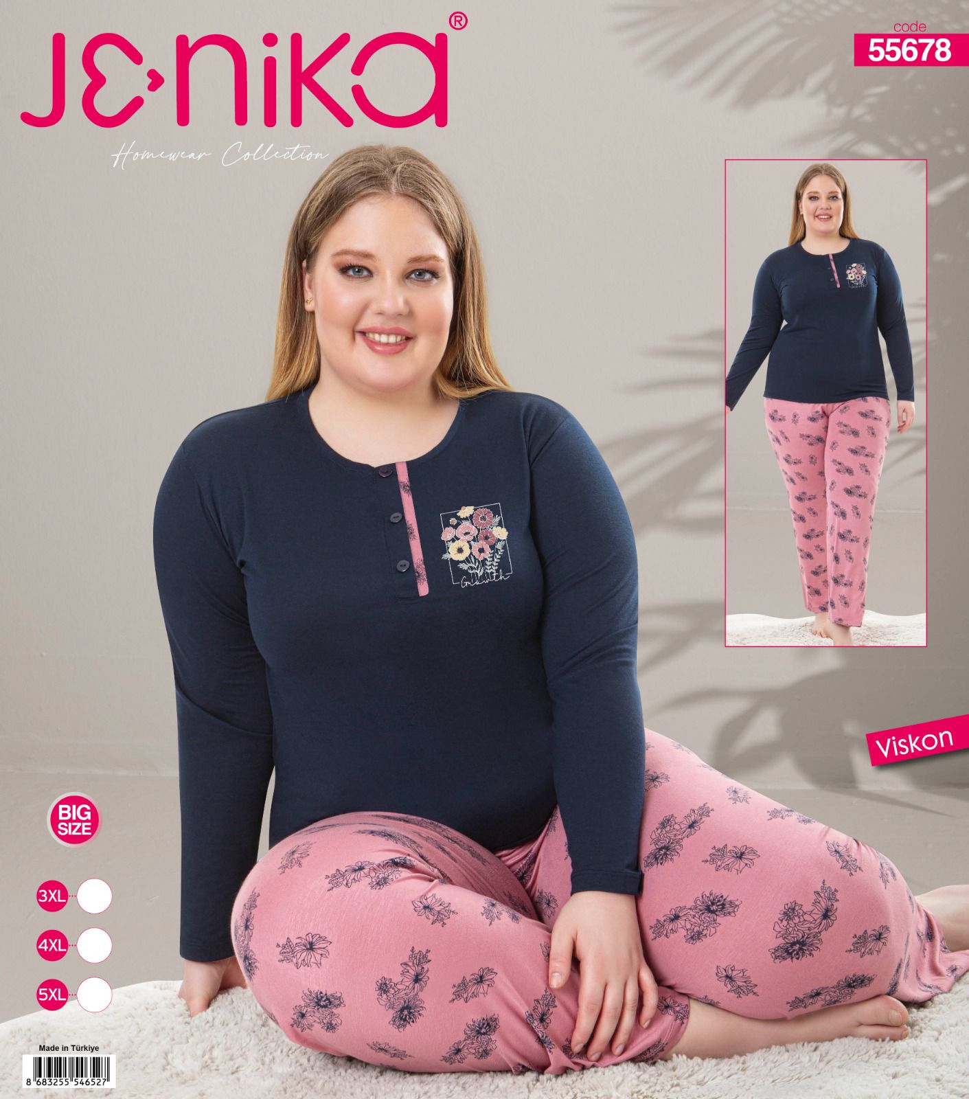 Jenika Collection Büyük Beden Viskon Uzun Kollu Patlı Pijama Takımı - Çiçekli