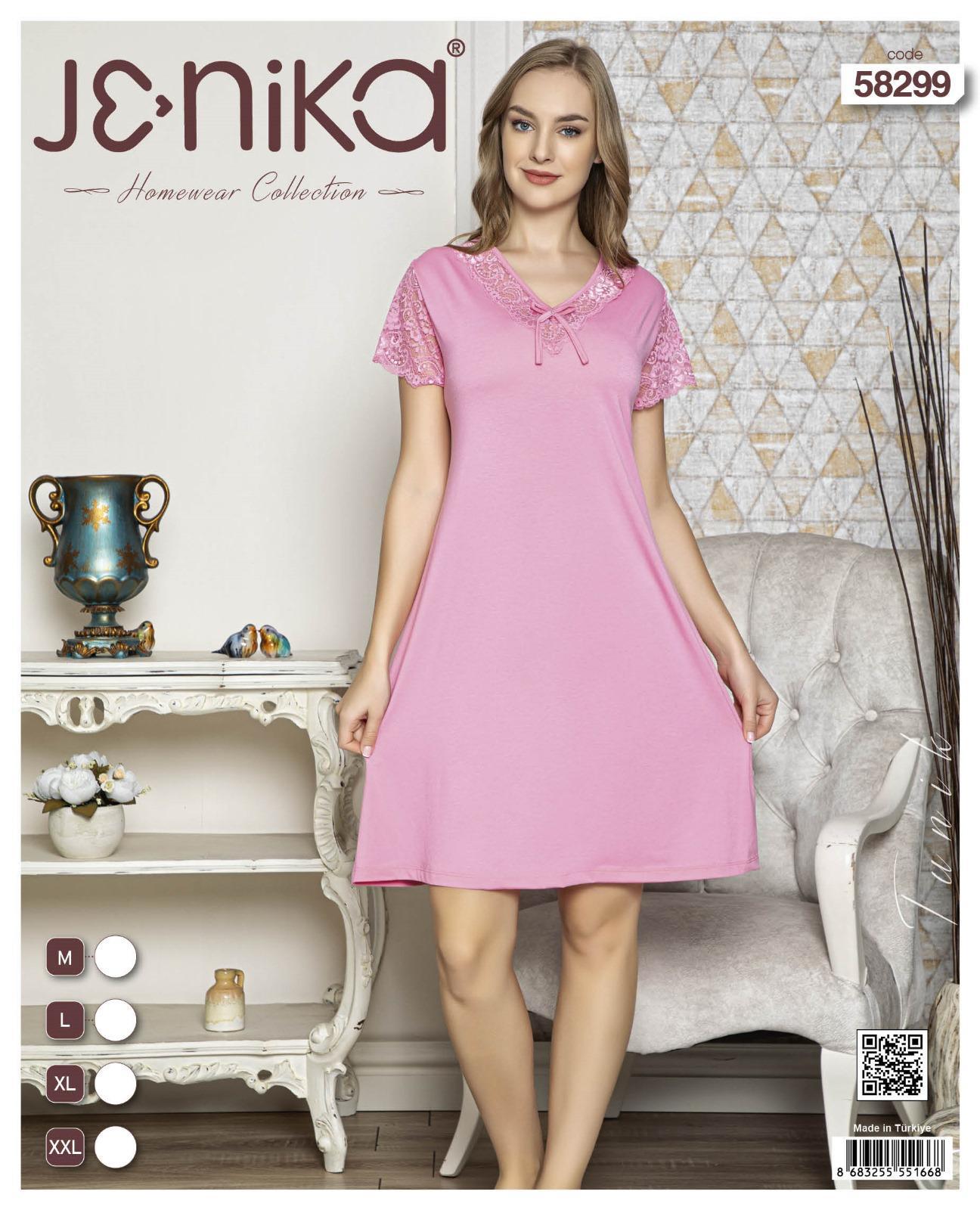 Kadın Kısa Kollu Pembe Dantel Detaylı Pamuklu Gecelik – Jenika Collection