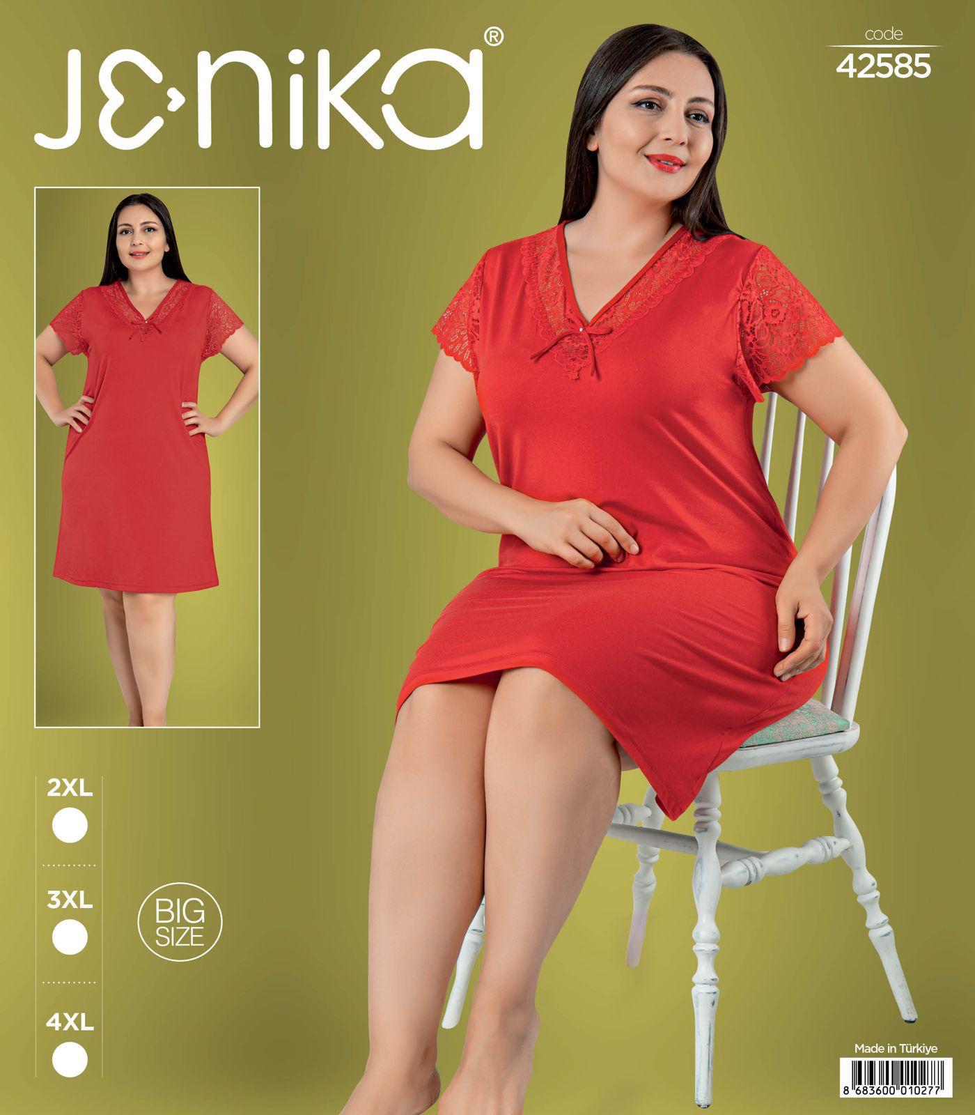 Jenika Collection Büyük Beden Dantel Detaylı Kısa Kollu Gecelik – Pamuklu Rahat Kalıp - Kırmızı