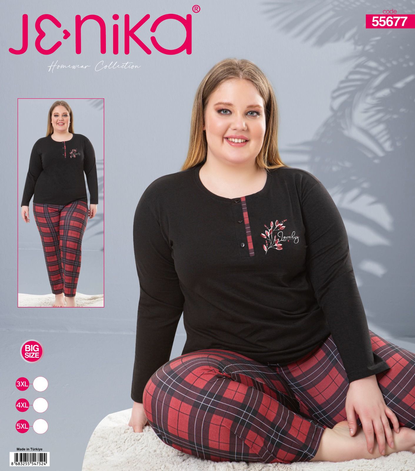 Jenika Collection Büyük Beden Viskon Uzun Kollu Patlı Pijama Takımı - Ekose - 4