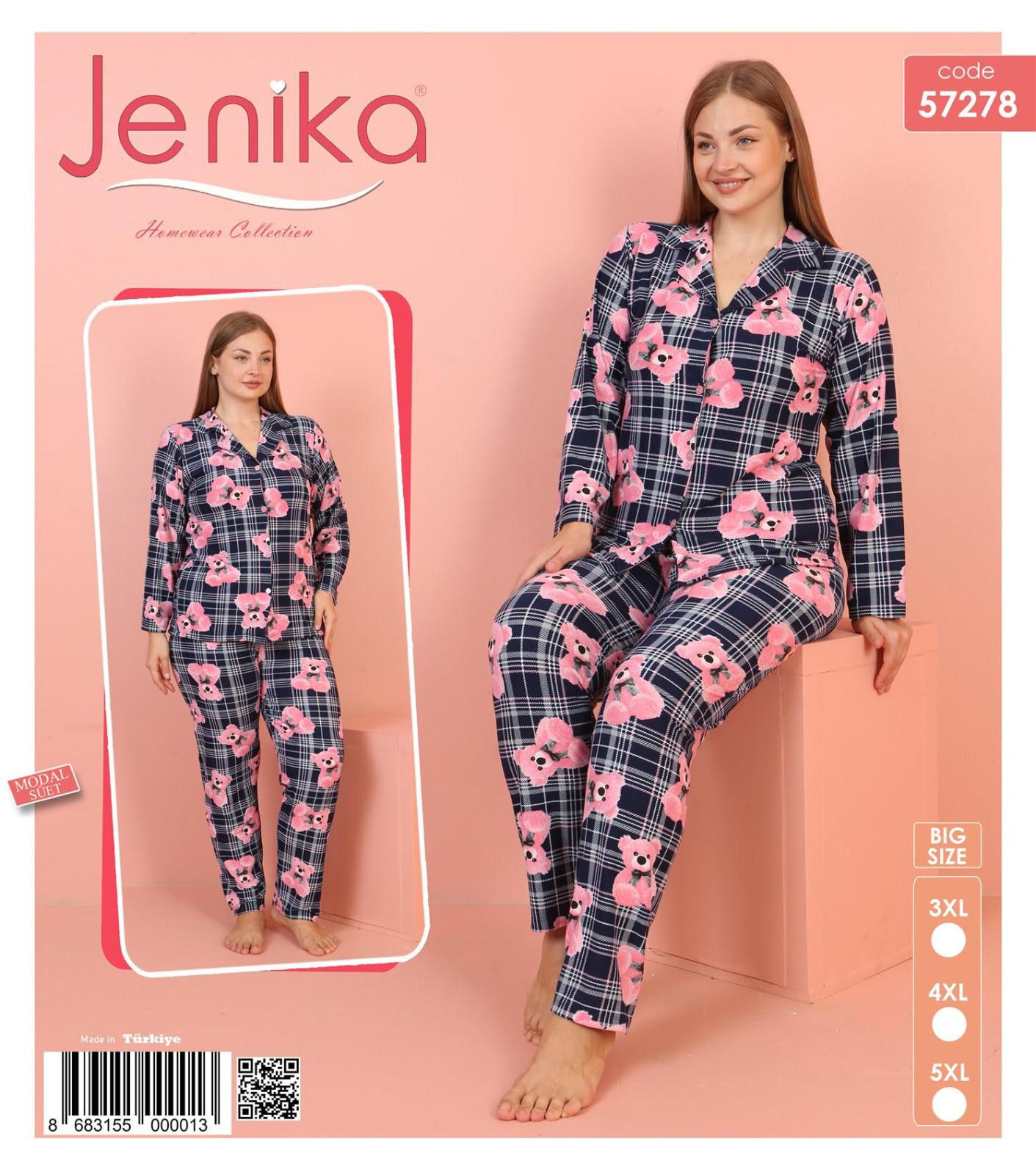 Jenika Collection Büyük Beden Modal Süet Uzun Kollu Düğmeli Pijama Takımı - 57278