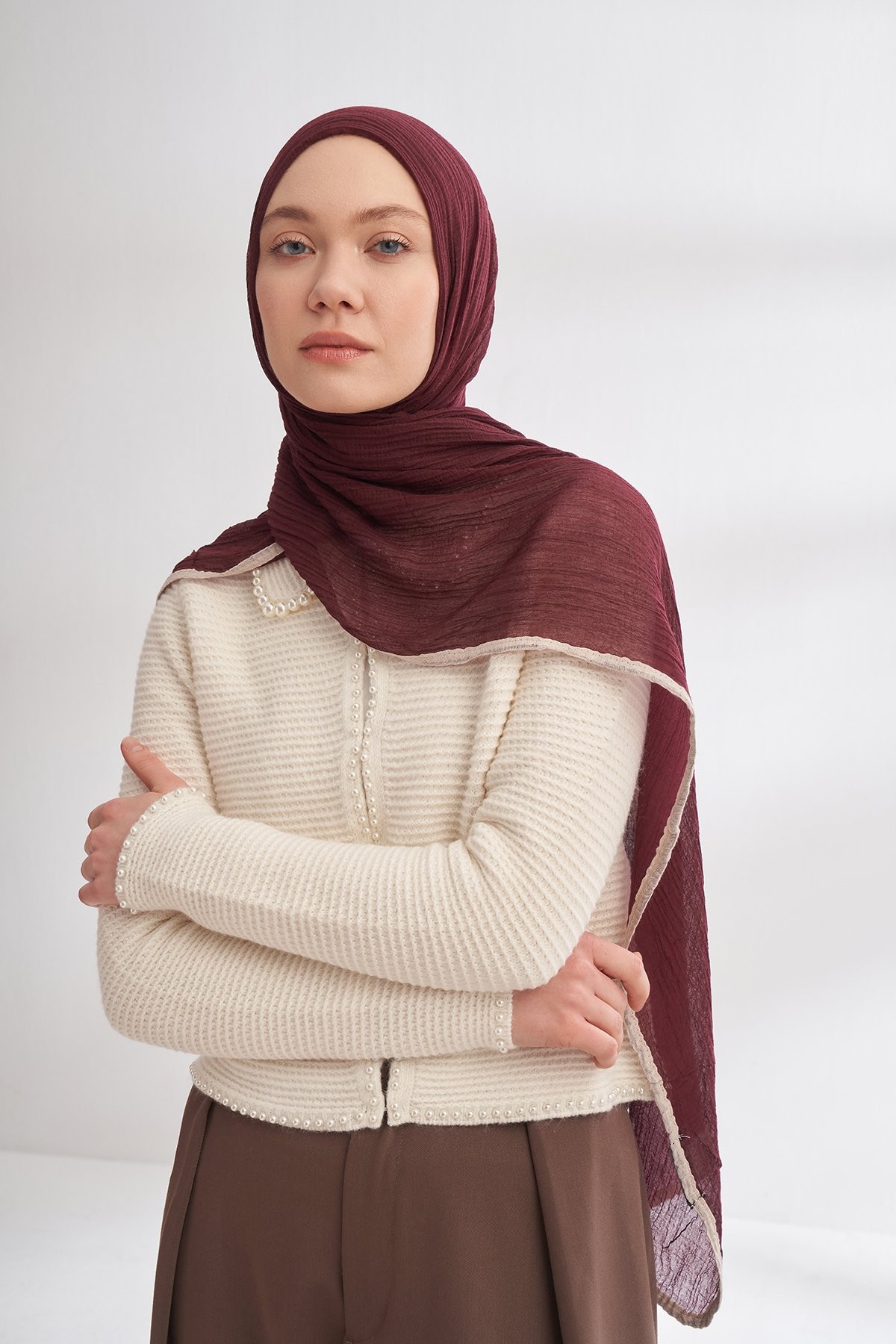 MÜSLİN BİYELİ ŞAL - BURGUNDY