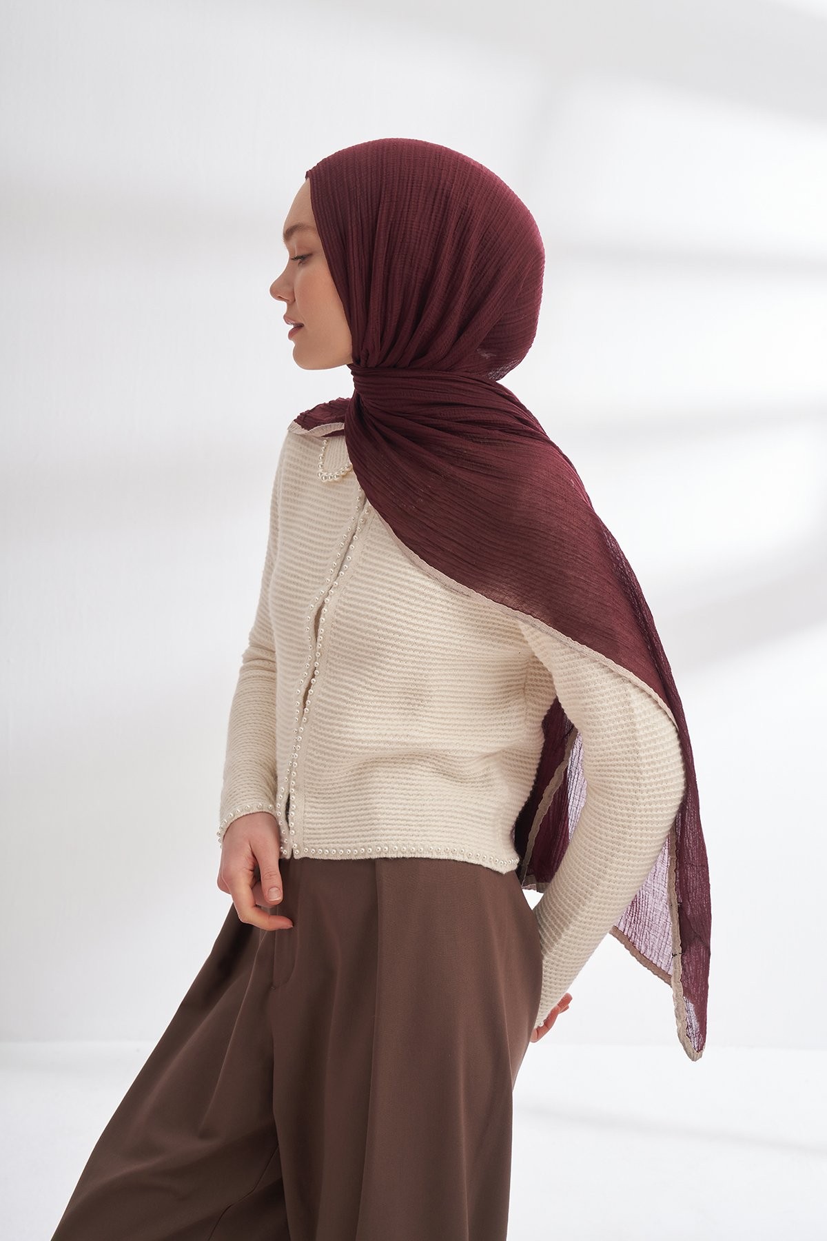 MÜSLİN BİYELİ ŞAL - BURGUNDY